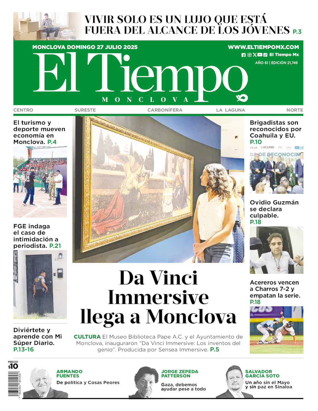 Edición impresa: Portada del domingo 27 de julio de 2025, El Tiempo de <strong>Monclova</strong>