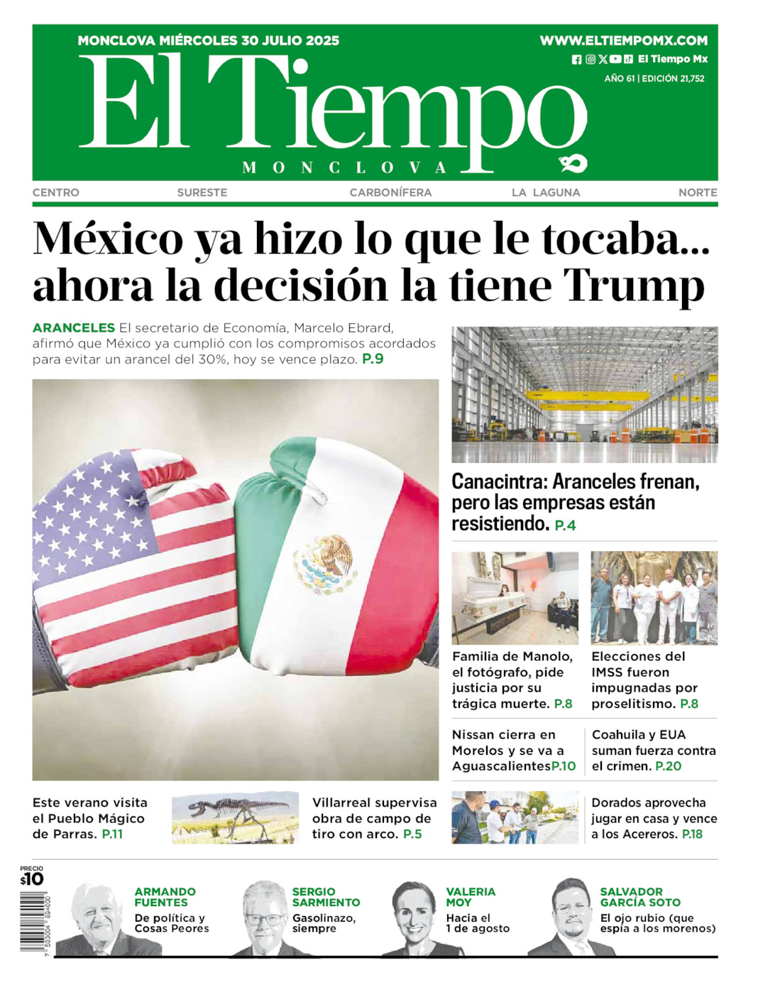 Edición impresa: Portada del miércoles 30 de julio de 2025, El Tiempo de <strong>Monclova</strong>