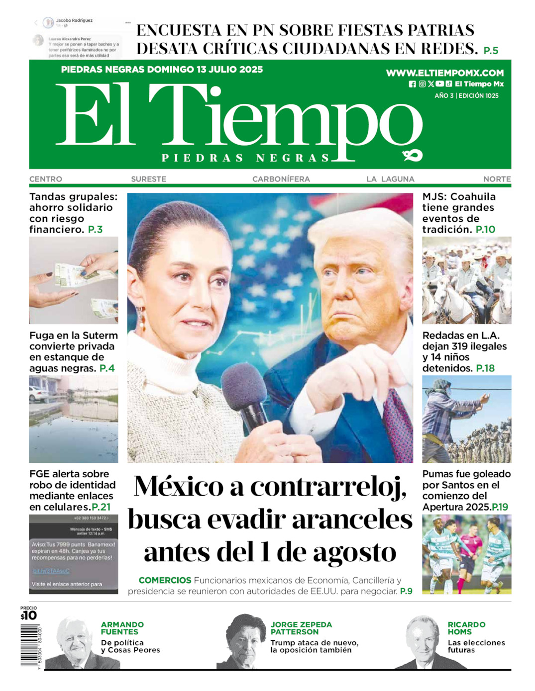 Edición impresa: Portada del domingo 13 de julio de 2025, El Tiempo de <strong>Piedras Negras</strong>