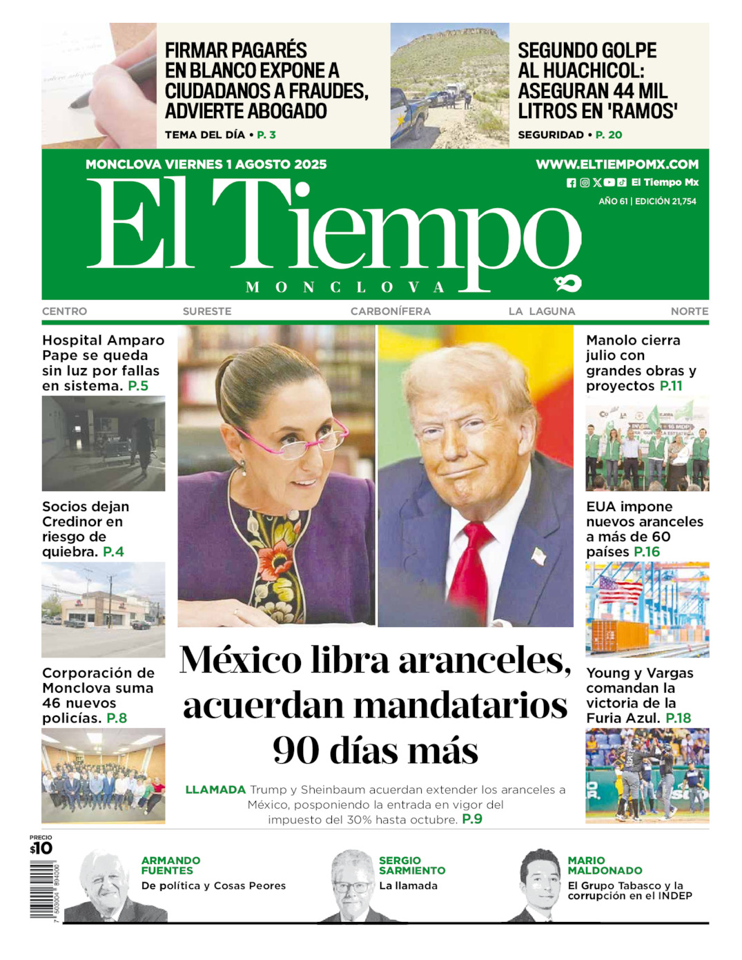 Edición impresa: Portada del viernes 01 de agosto de 2025, El Tiempo de <strong>Monclova</strong>