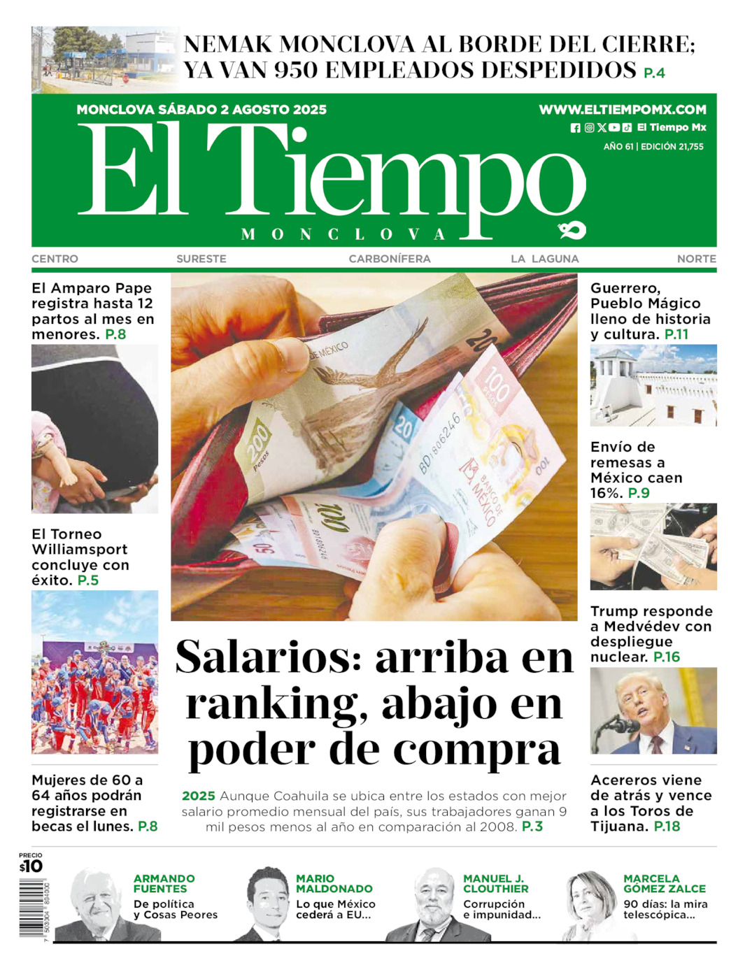Edición impresa: Portada del sábado 02 de agosto de 2025, El Tiempo de <strong>Monclova</strong>