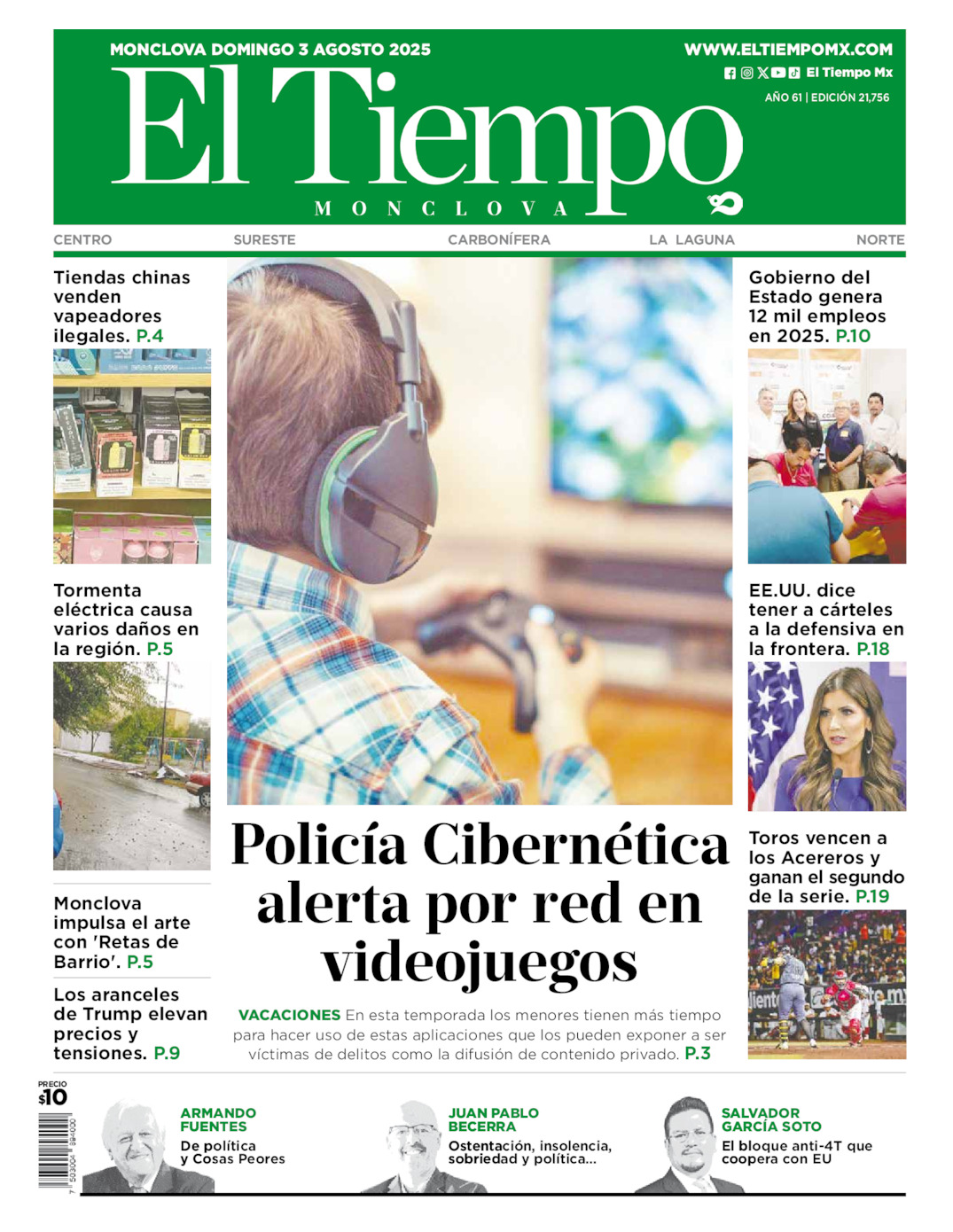 Edición impresa: Portada del domingo 03 de agosto de 2025, El Tiempo de <strong>Monclova</strong>