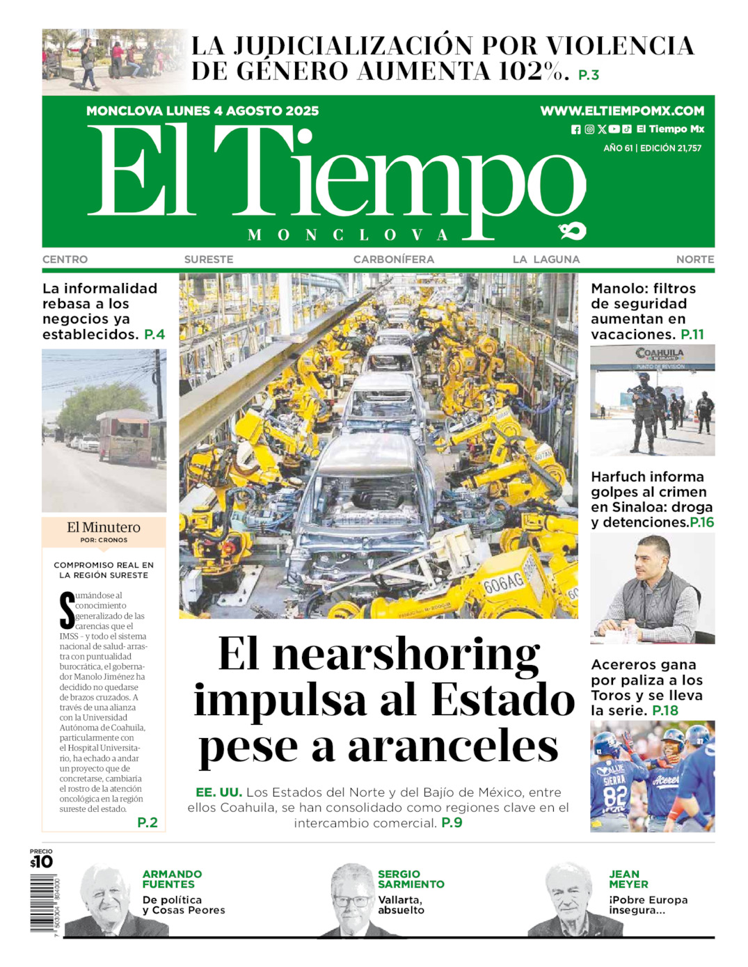 Edición impresa: Portada del lunes 04 de agosto de 2025, El Tiempo de <strong>Monclova</strong>