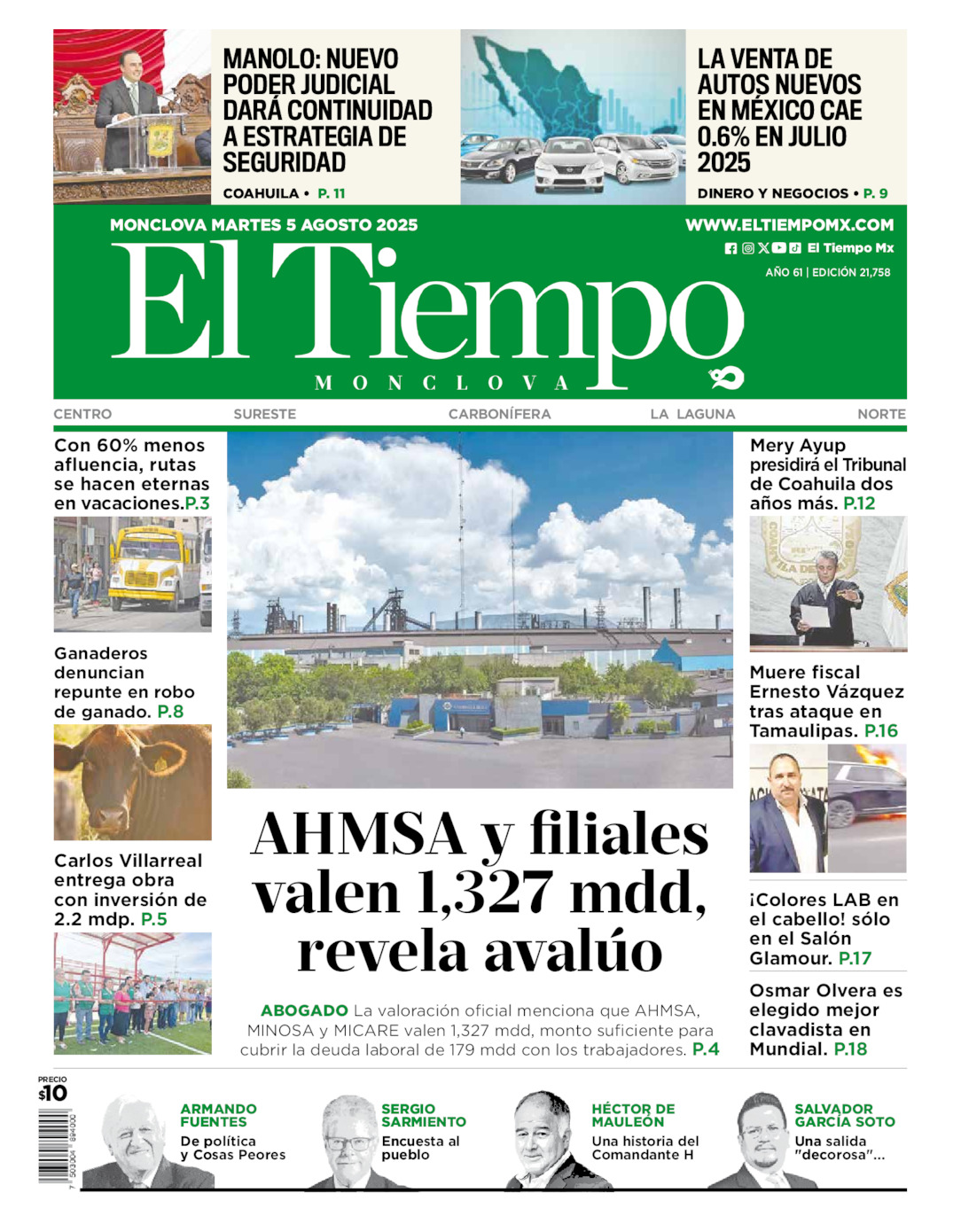 Edición impresa: Portada del martes 05 de agosto de 2025, El Tiempo de <strong>Monclova</strong>