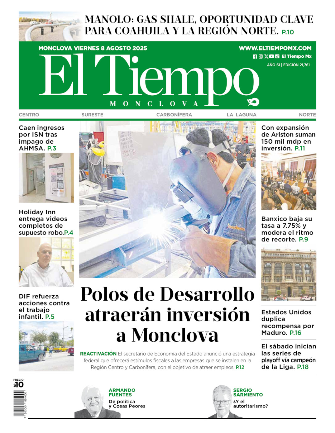 Edición impresa: Portada del viernes 08 de agosto de 2025, El Tiempo de <strong>Monclova</strong>
