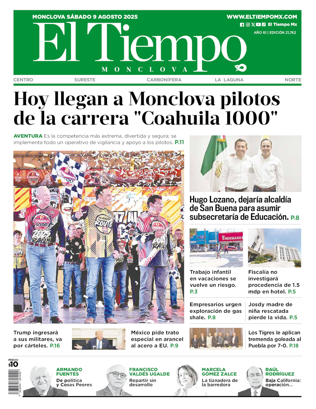 Edición impresa: Portada del sábado 09 de agosto de 2025, El Tiempo de <strong>Monclova</strong>