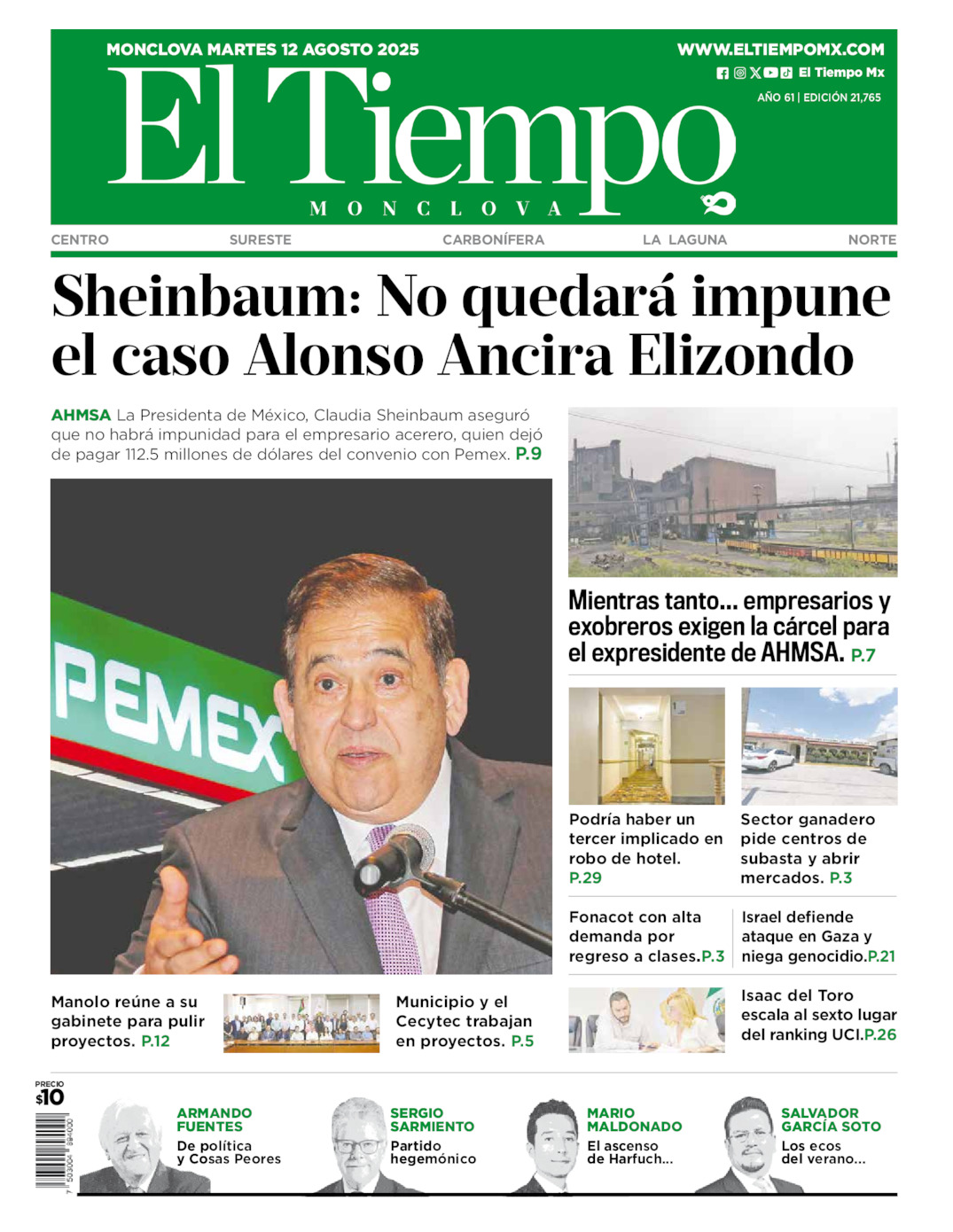 Edición impresa: Portada del martes 12 de agosto de 2025, El Tiempo de <strong>Monclova</strong>