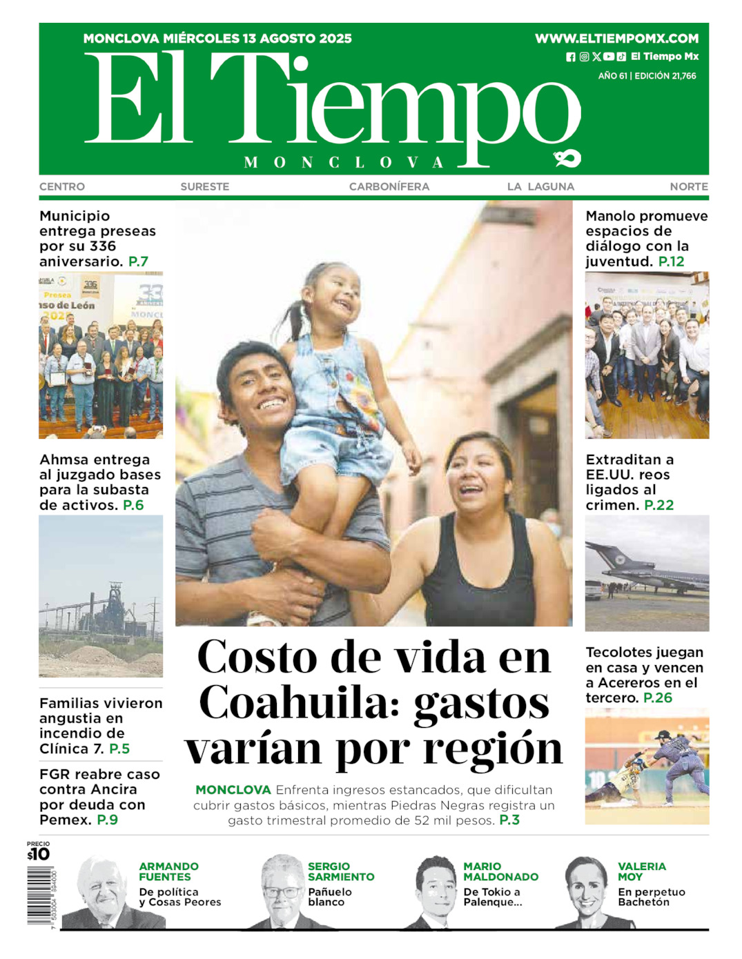 Edición impresa: Portada del miércoles 13 de agosto de 2025, El Tiempo de <strong>Monclova</strong>