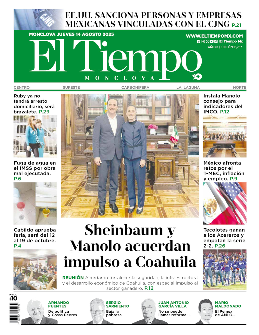Edición impresa: Portada del jueves 14 de agosto de 2025, El Tiempo de <strong>Monclova</strong>