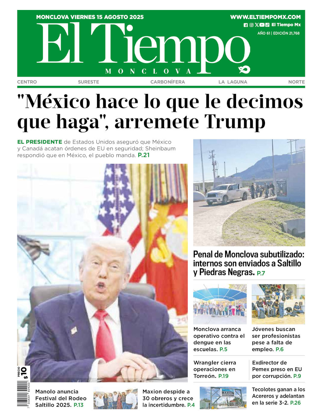 Edición impresa: Portada del viernes 15 de agosto de 2025, El Tiempo de <strong>Monclova</strong>