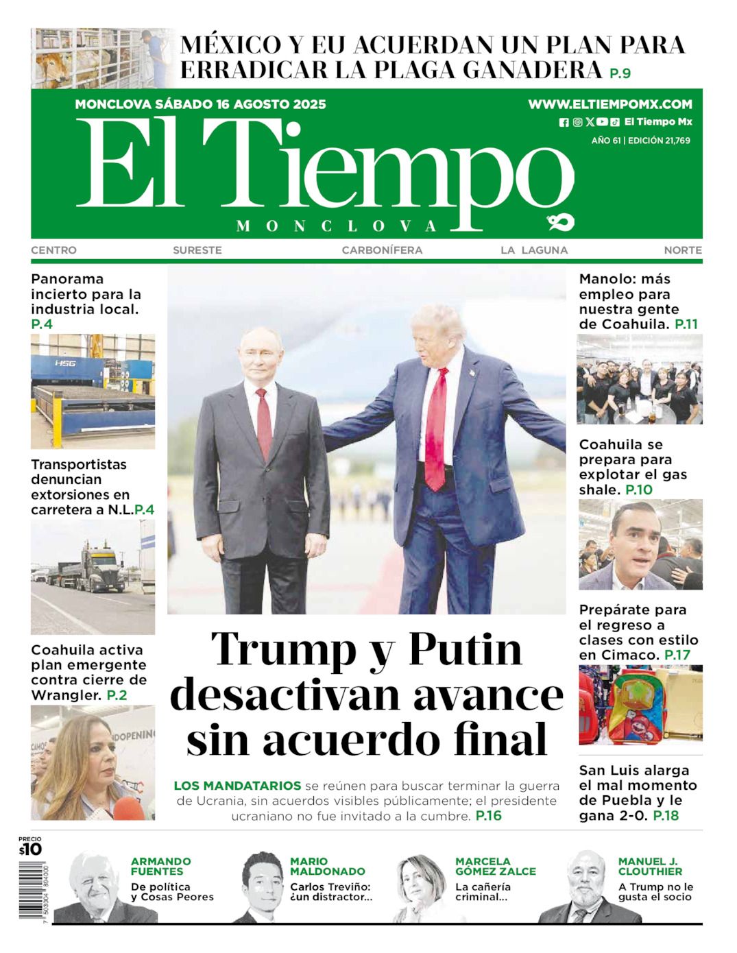 Edición impresa: Portada del sábado 16 de agosto de 2025, El Tiempo de <strong>Monclova</strong>