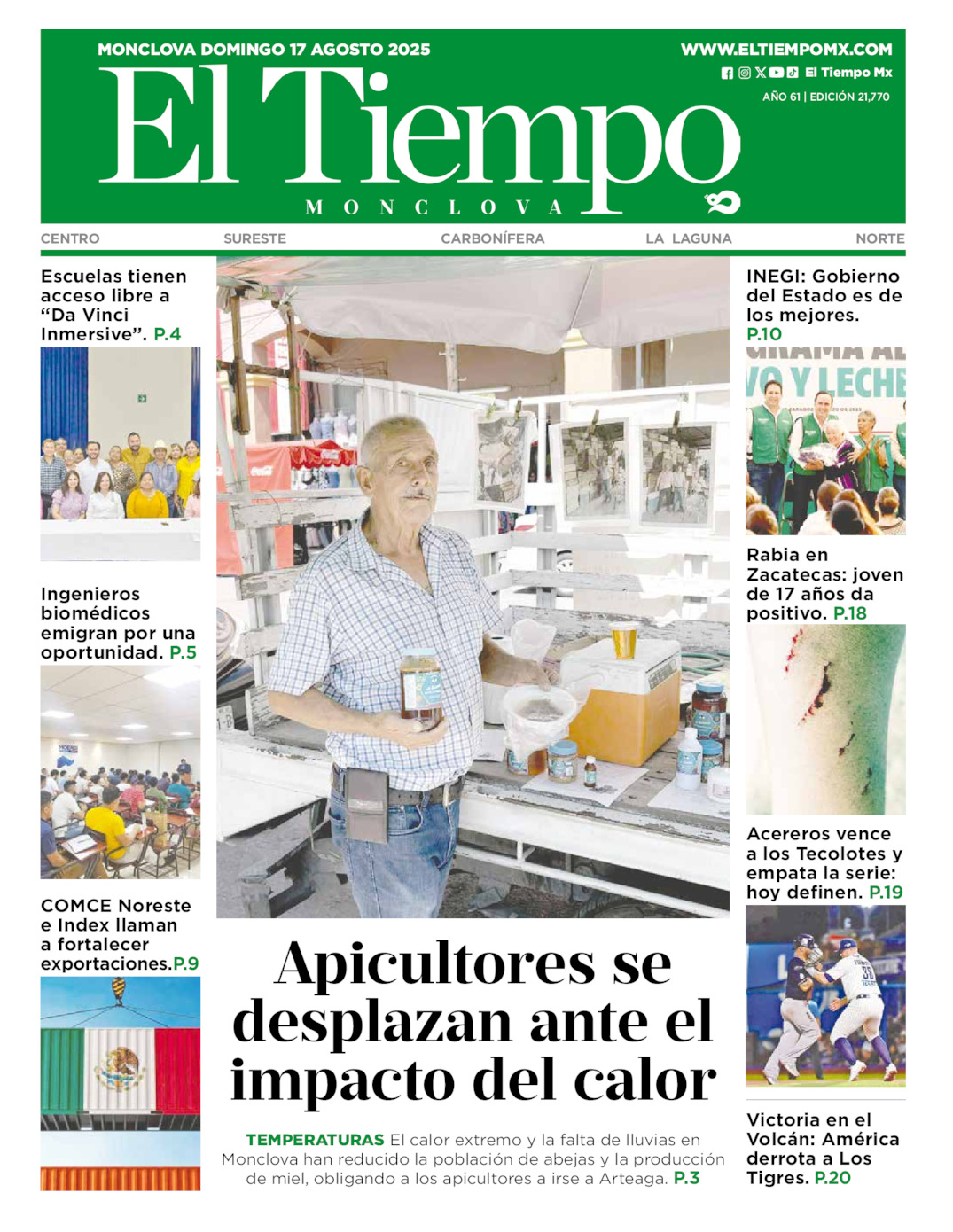Edición impresa: Portada del domingo 17 de agosto de 2025, El Tiempo de <strong>Monclova</strong>