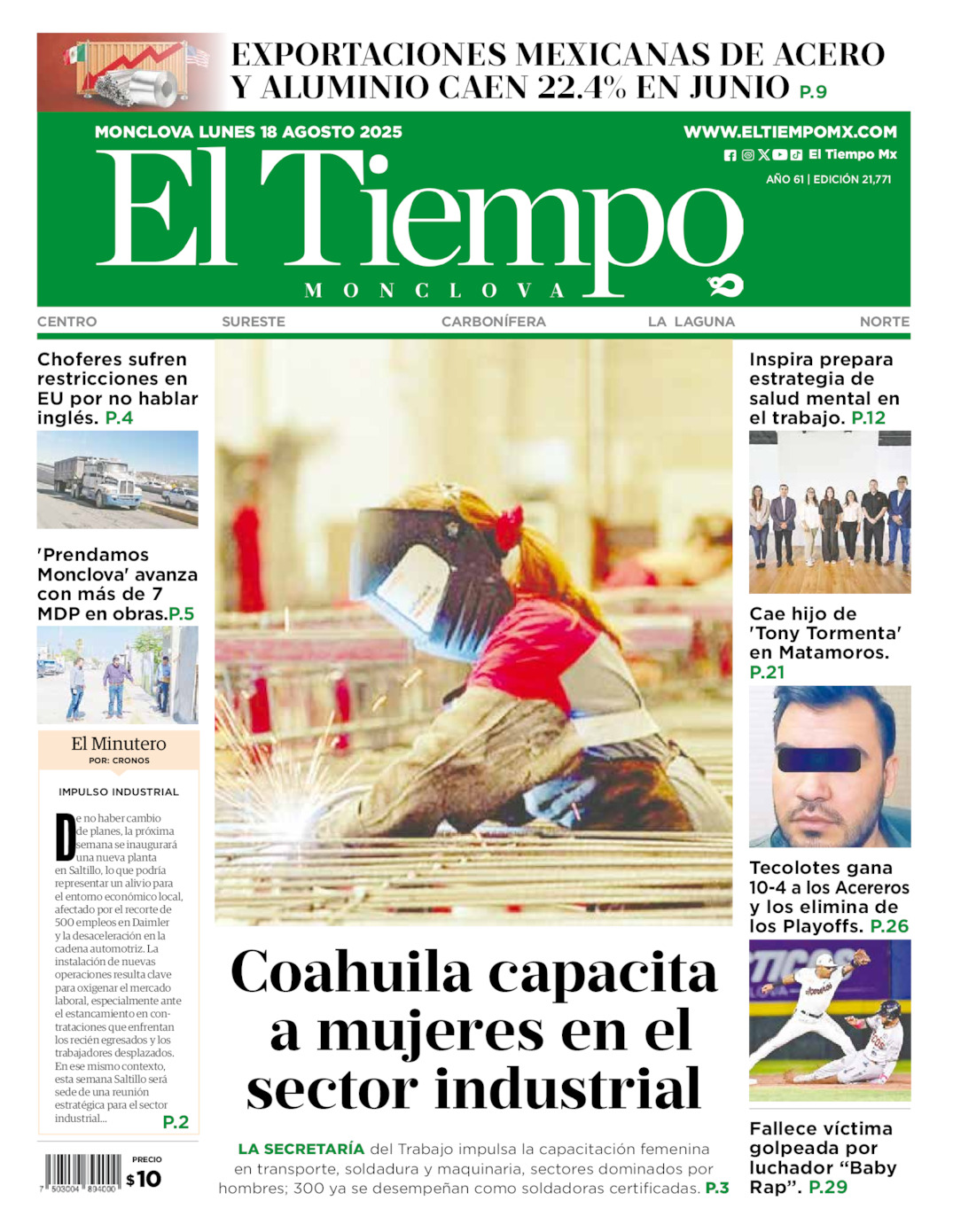 Edición impresa: Portada del lunes 18 de agosto de 2025, El Tiempo de <strong>Monclova</strong>