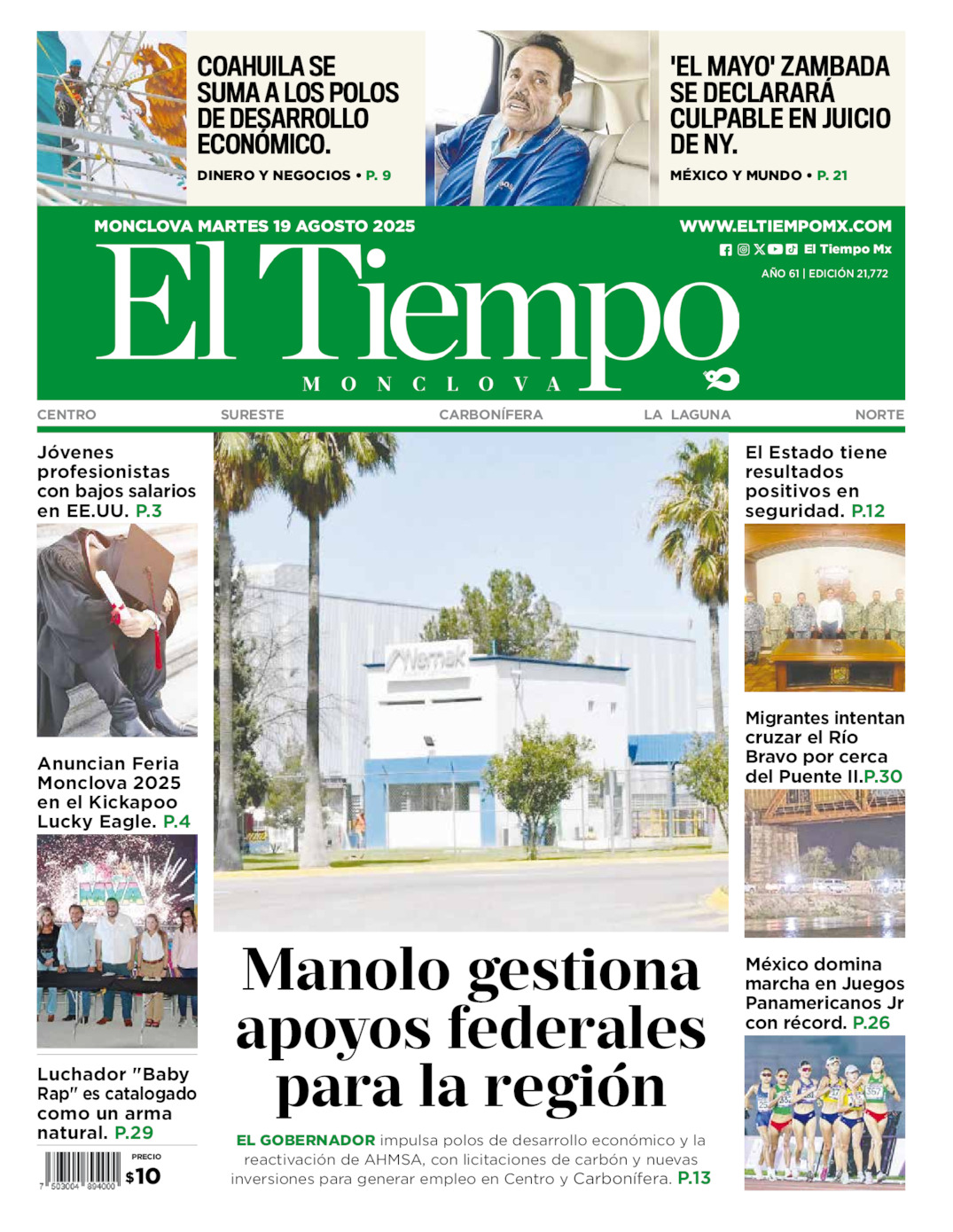 Edición impresa: Portada del martes 19 de agosto de 2025, El Tiempo de <strong>Monclova</strong>