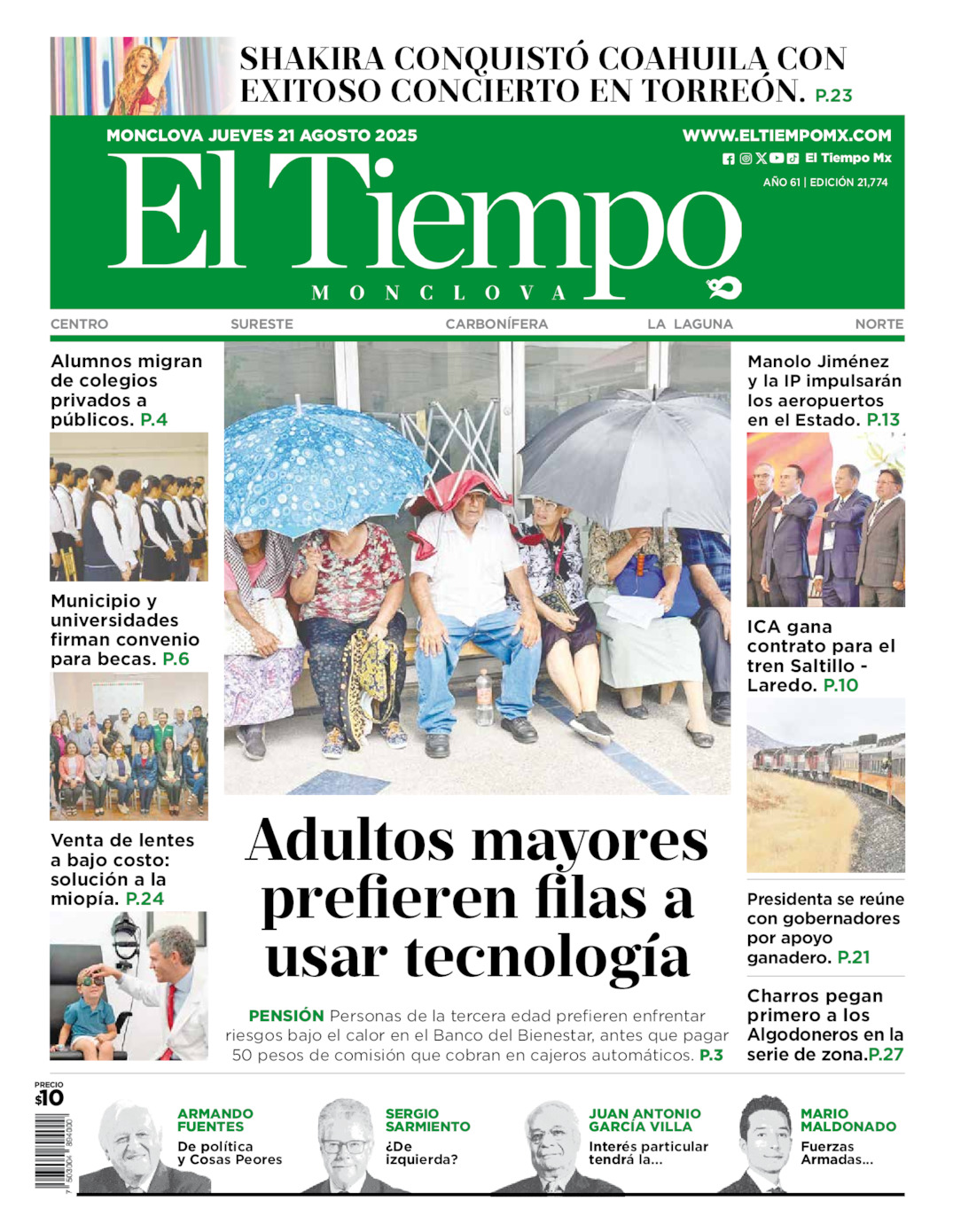 Edición impresa: Portada del jueves 21 de agosto de 2025, El Tiempo de <strong>Monclova</strong>