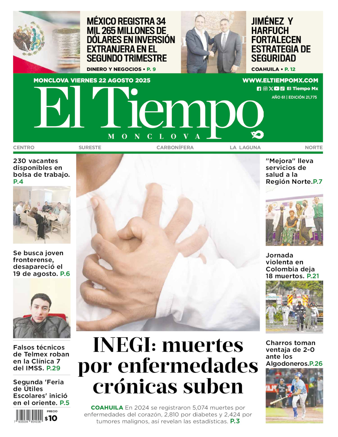 Edición impresa: Portada del viernes 22 de agosto de 2025, El Tiempo de <strong>Monclova</strong>