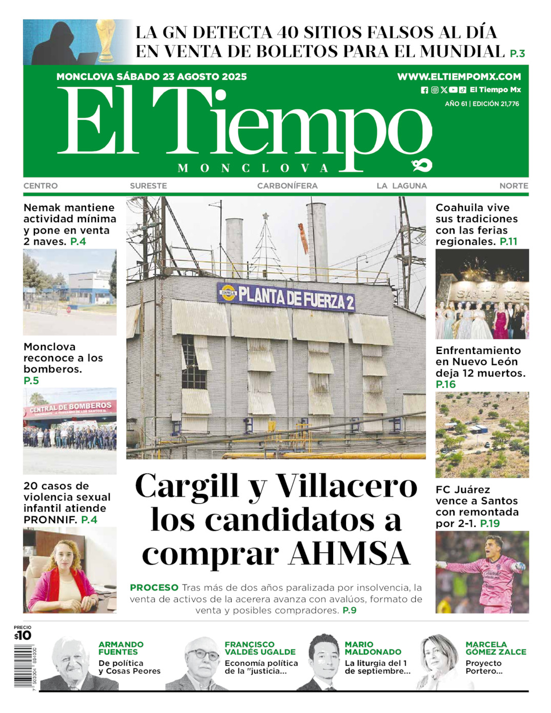 Edición impresa: Portada del sábado 23 de agosto de 2025, El Tiempo de <strong>Monclova</strong>