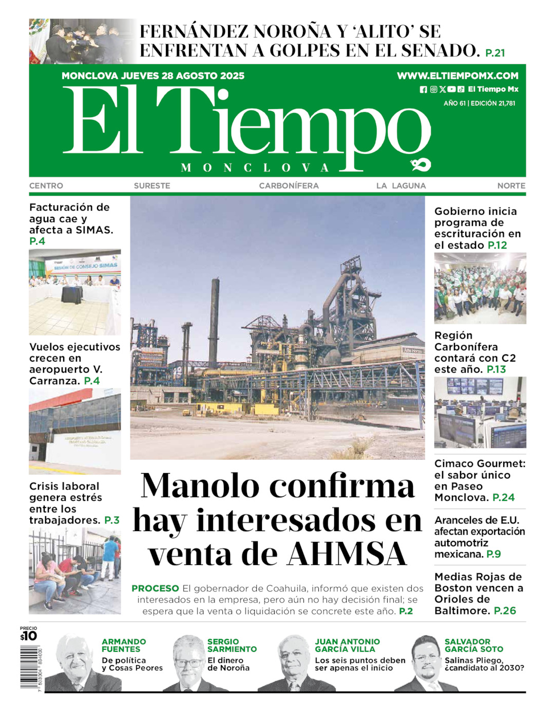 Edición impresa: Portada del jueves 28 de agosto de 2025, El Tiempo de <strong>Monclova</strong>