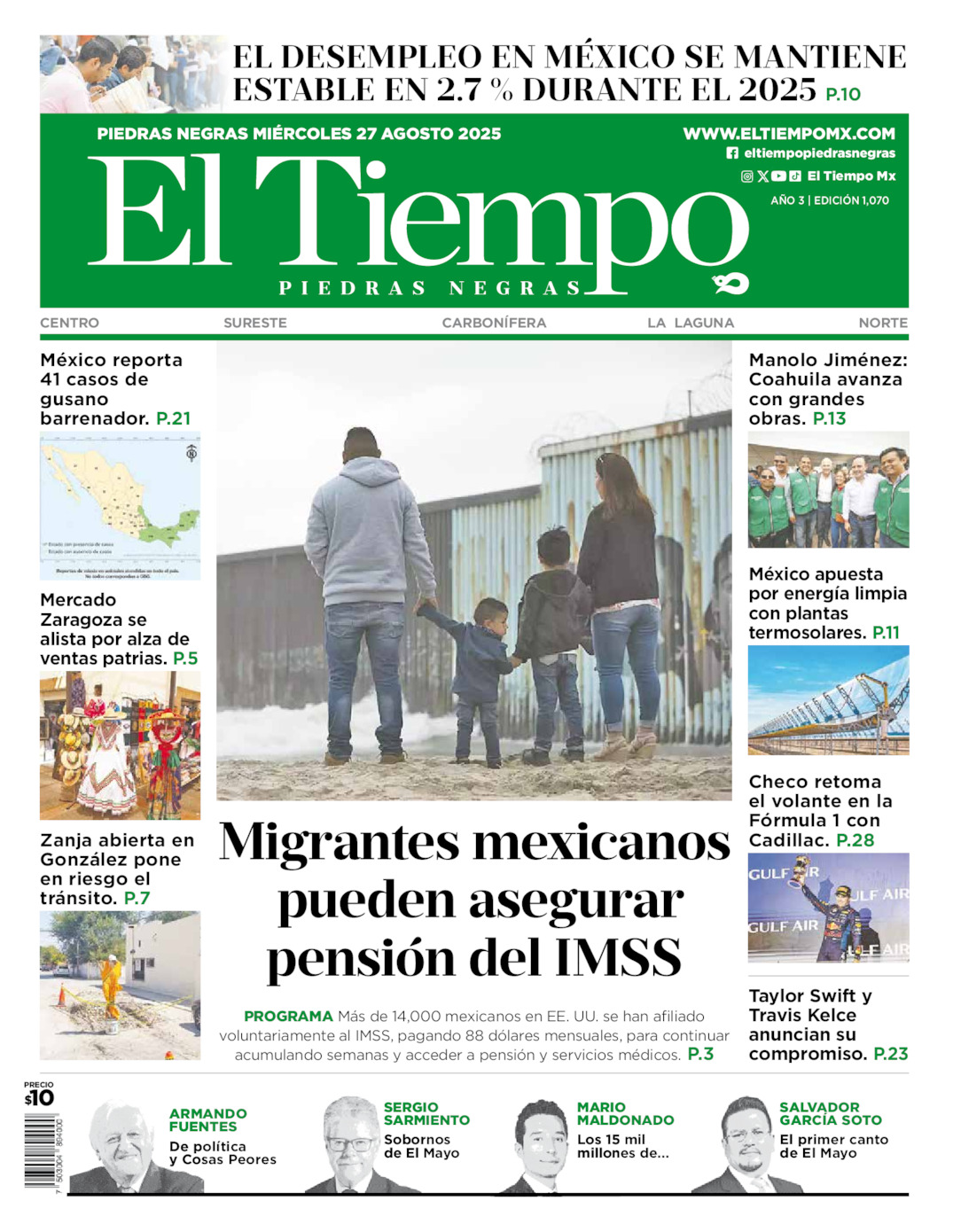Edición impresa: Portada del miércoles 27 de agosto de 2025, El Tiempo de <strong>Piedras Negras</strong>