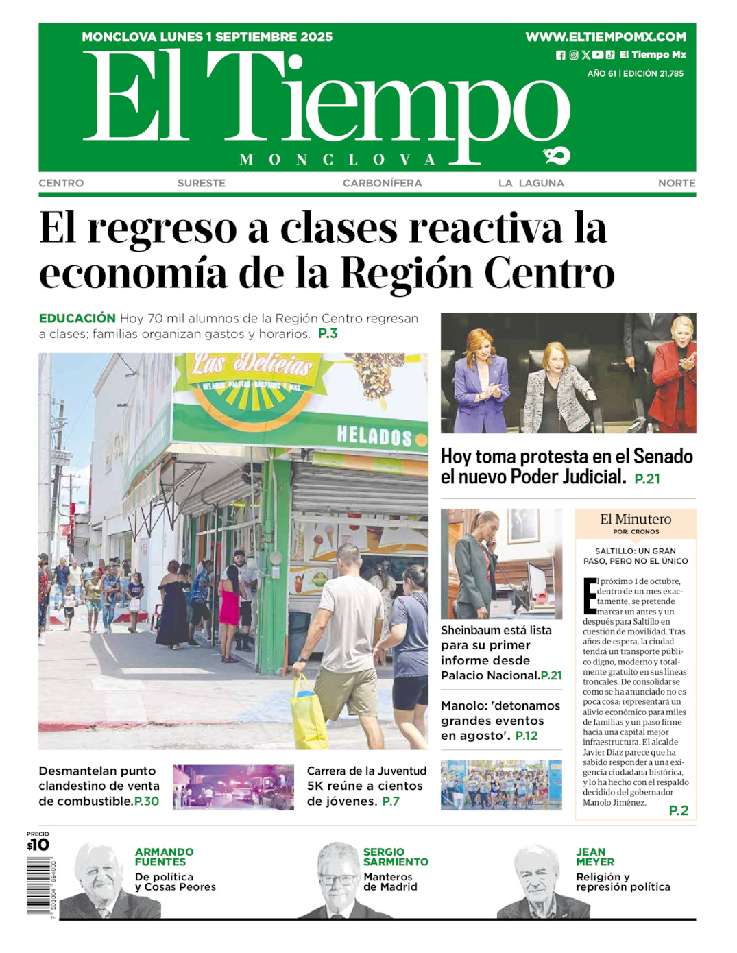 Edición impresa: Portada del lunes 01 de septiembre de 2025, El Tiempo de <strong>Monclova</strong>