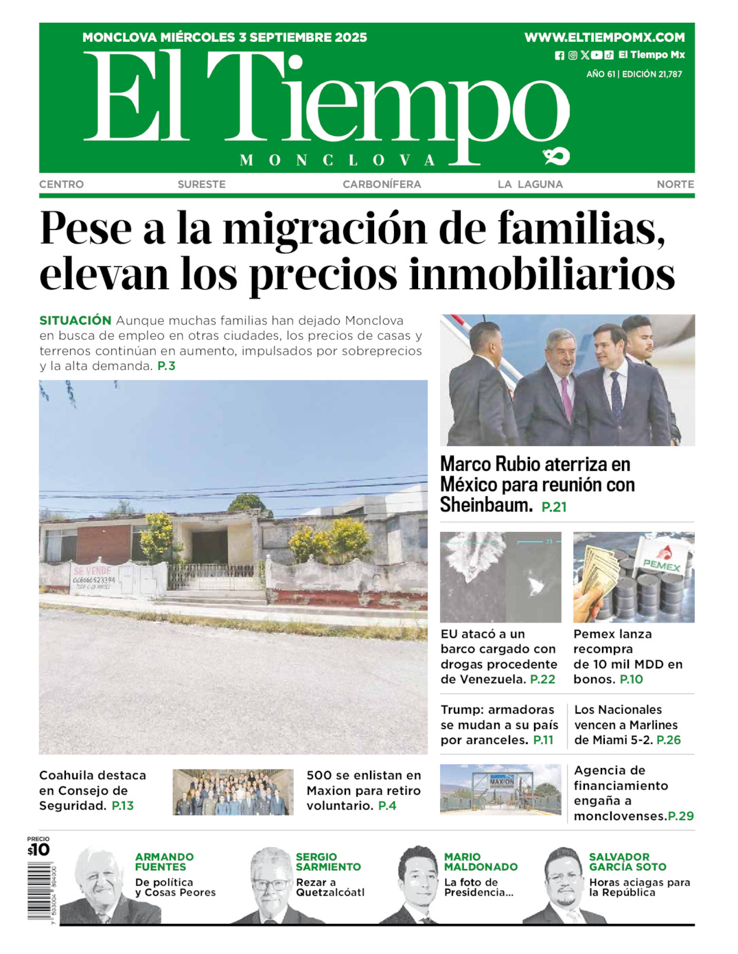 Edición impresa: Portada del miércoles 03 de septiembre de 2025, El Tiempo de <strong>Monclova</strong>