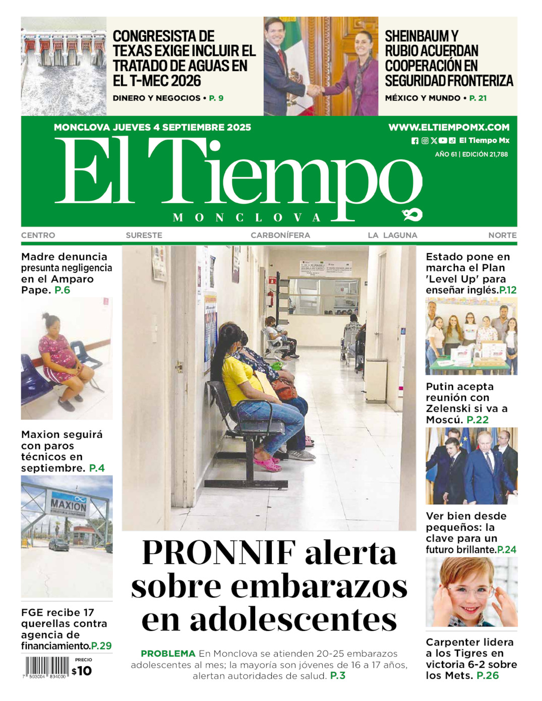 Edición impresa: Portada del jueves 04 de septiembre de 2025, El Tiempo de <strong>Monclova</strong>