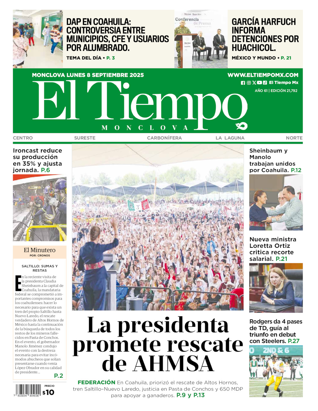 Edición impresa: Portada del lunes 08 de septiembre de 2025, El Tiempo de <strong>Monclova</strong>