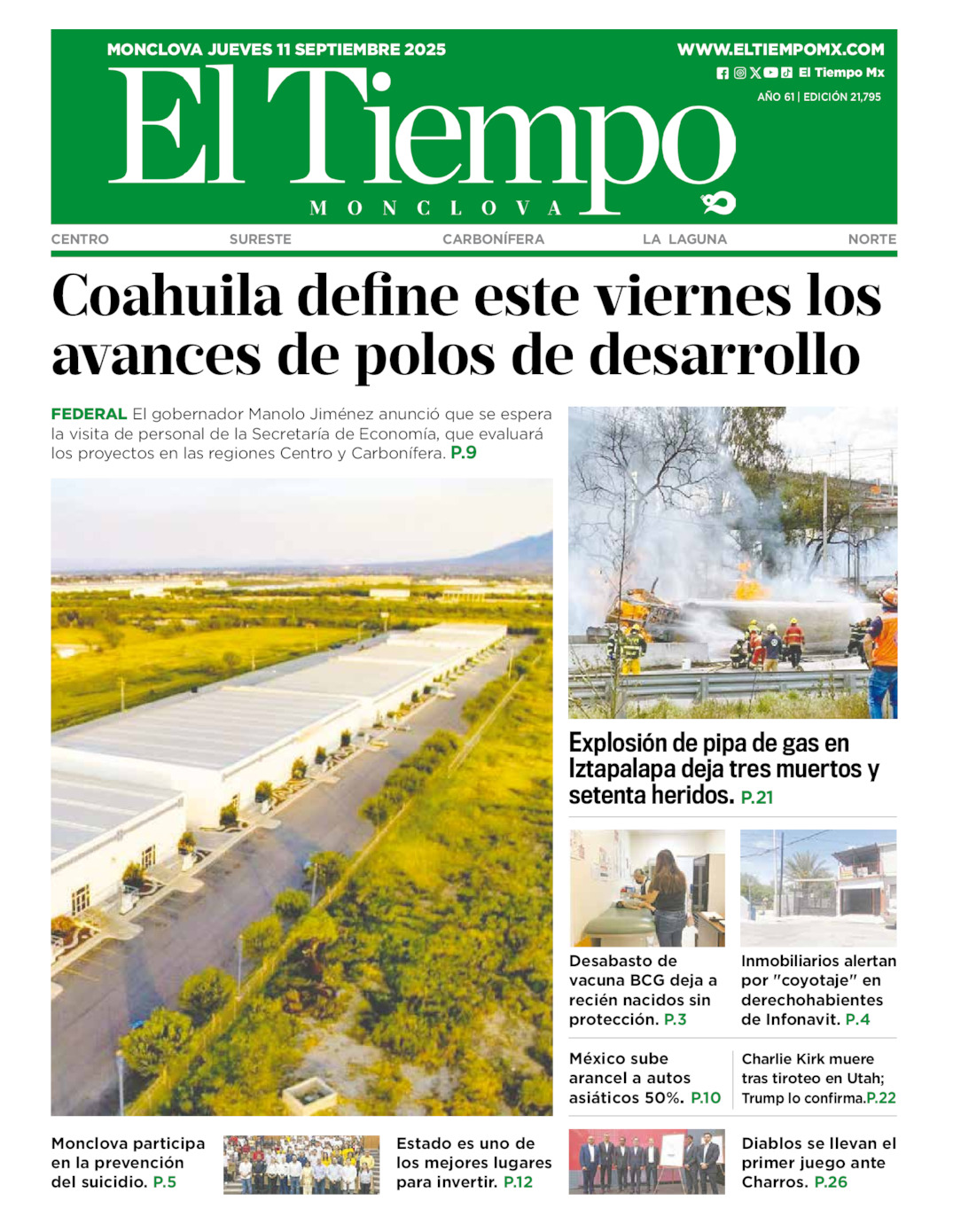 Edición impresa: Portada del jueves 11 de septiembre de 2025, El Tiempo de <strong>Monclova</strong>