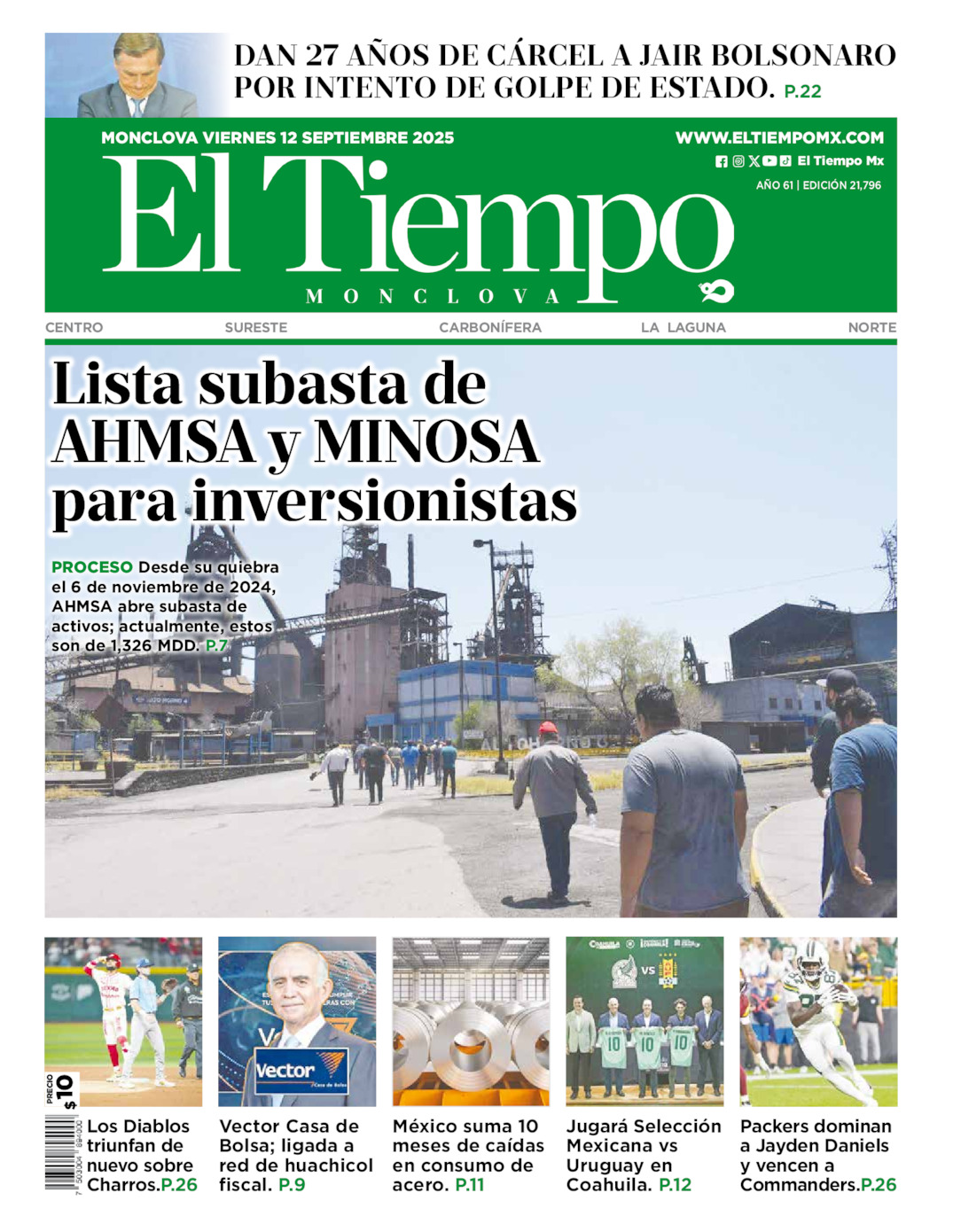 Edición impresa: Portada del viernes 12 de septiembre de 2025, El Tiempo de <strong>Monclova</strong>