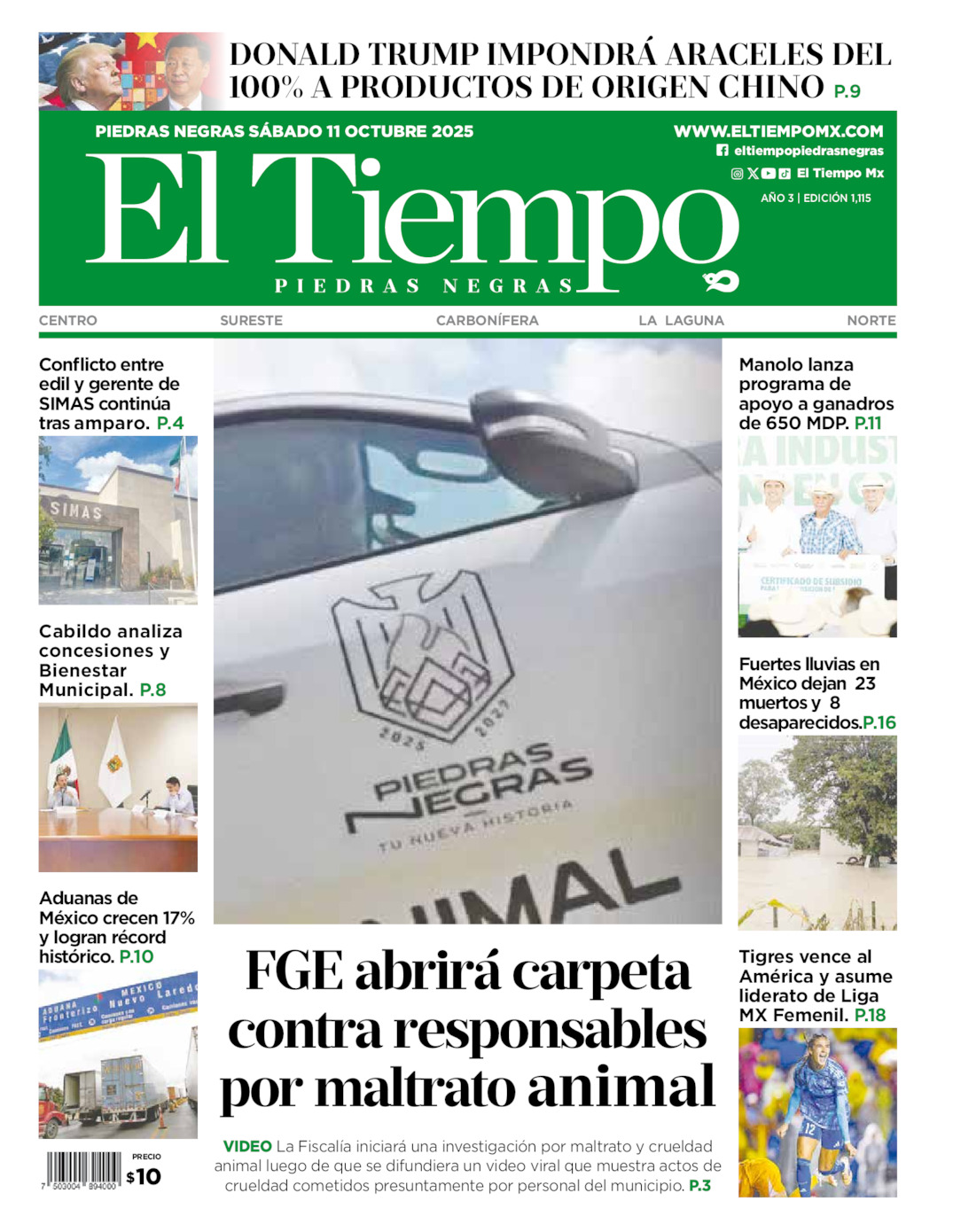 Edición impresa: Portada del sábado 11 de octubre de 2025, El Tiempo de <strong>Piedras Negras</strong>