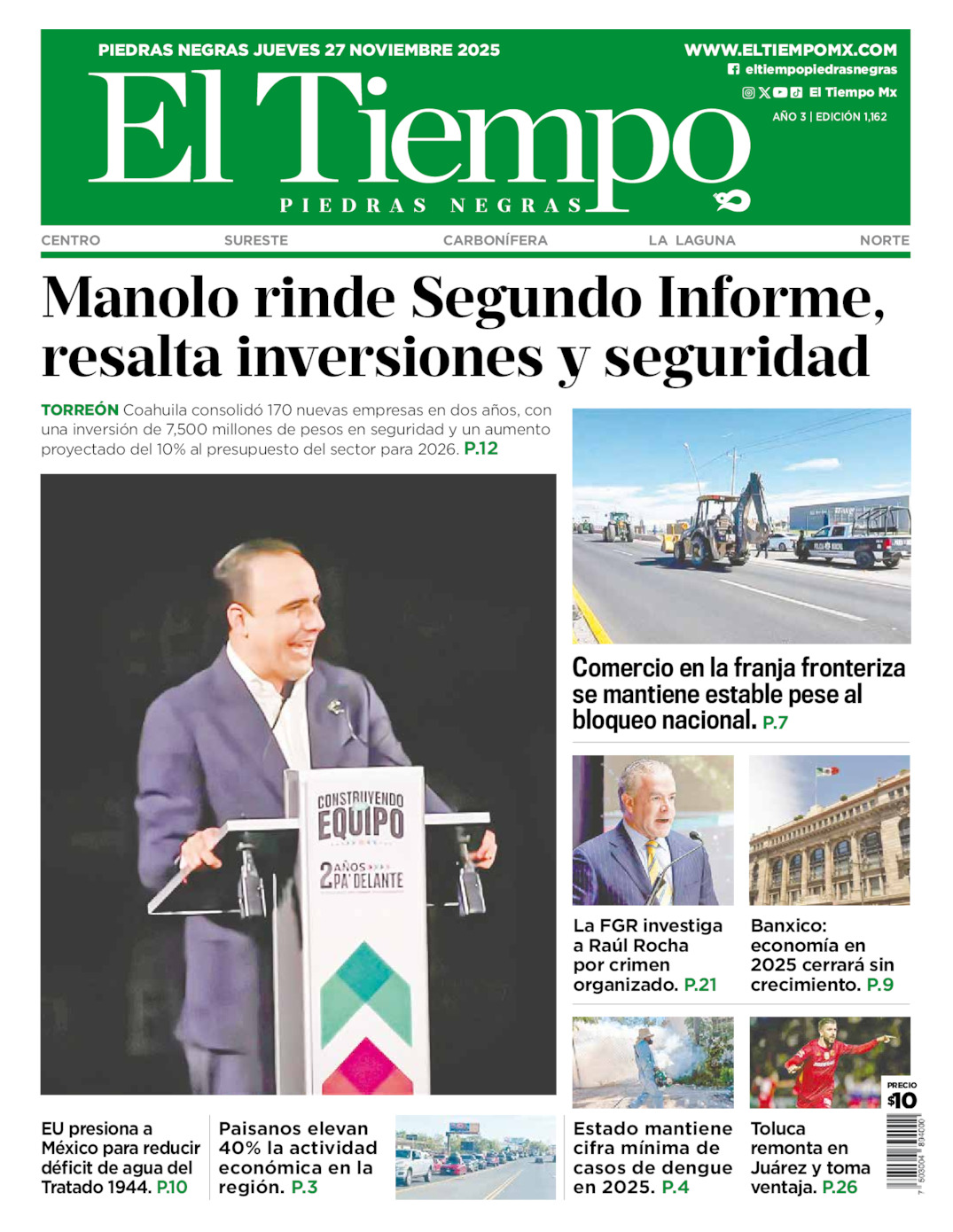 Edición impresa: Portada del jueves 27 de noviembre de 2025, El Tiempo de <strong>Piedras Negras</strong>