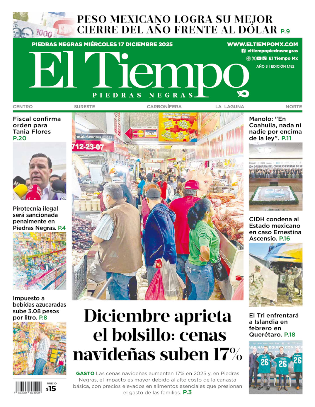 Edición impresa: Portada del miércoles 17 de diciembre de 2025, El Tiempo de <strong>Piedras Negras</strong>