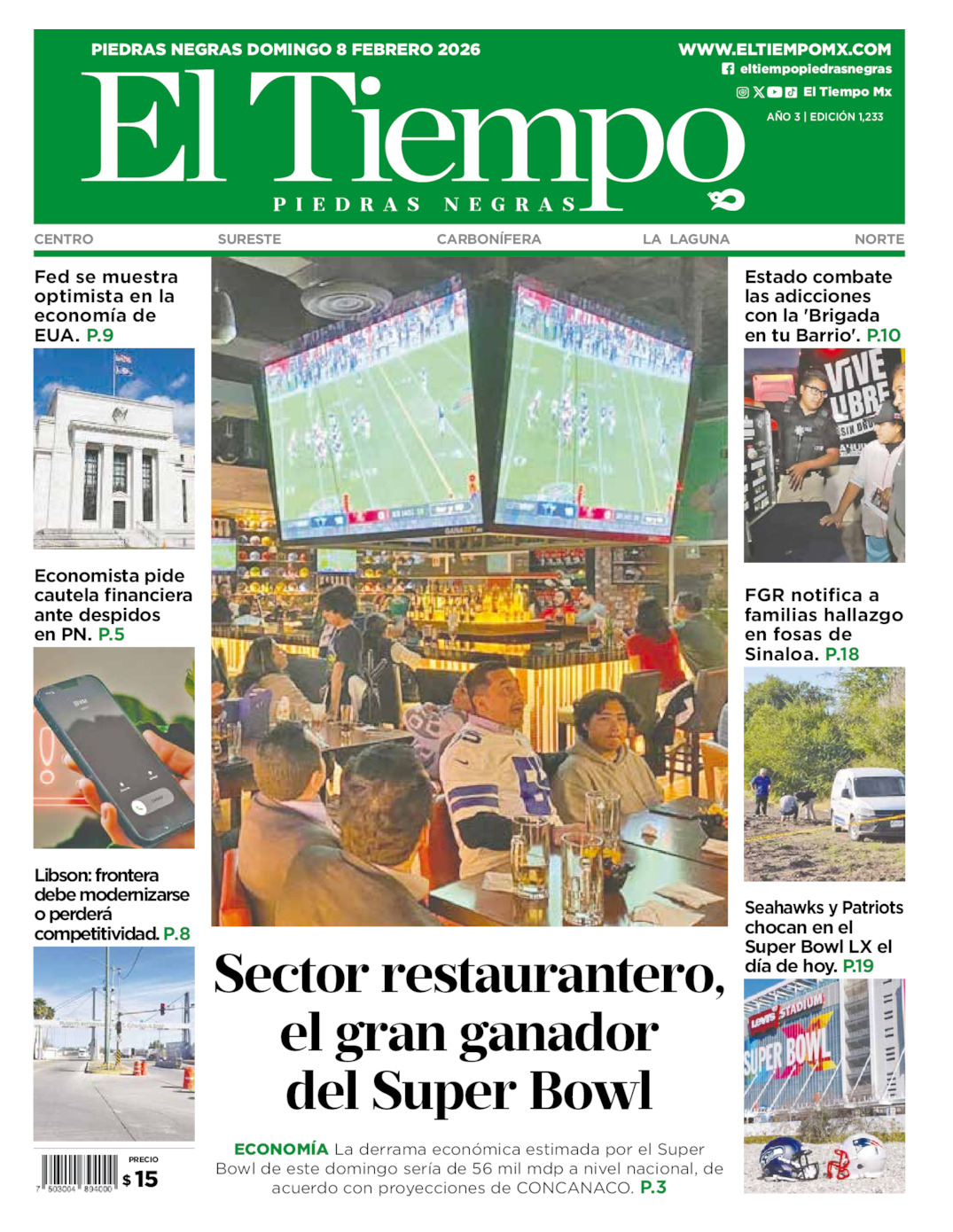 Edición impresa: Portada del domingo 08 de febrero de 2026, El Tiempo de <strong>Piedras Negras</strong>