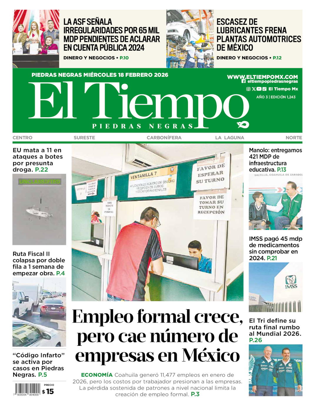 Edición impresa: Portada del miércoles 18 de febrero de 2026, El Tiempo de <strong>Piedras Negras</strong>