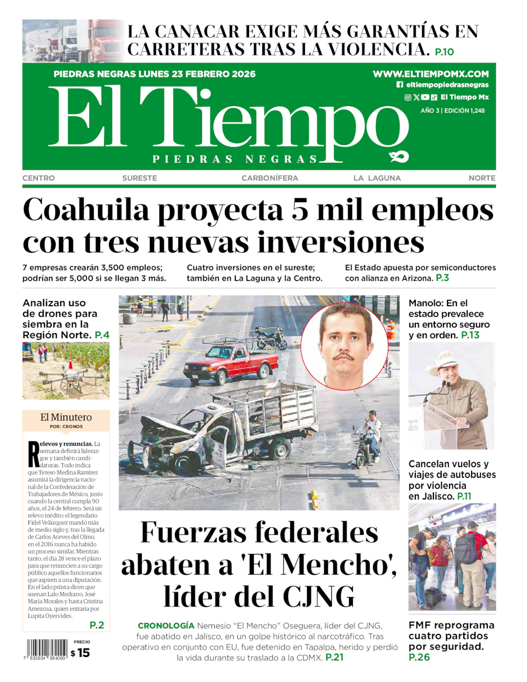 Edición impresa: Portada del lunes 23 de febrero de 2026, El Tiempo de <strong>Piedras Negras</strong>