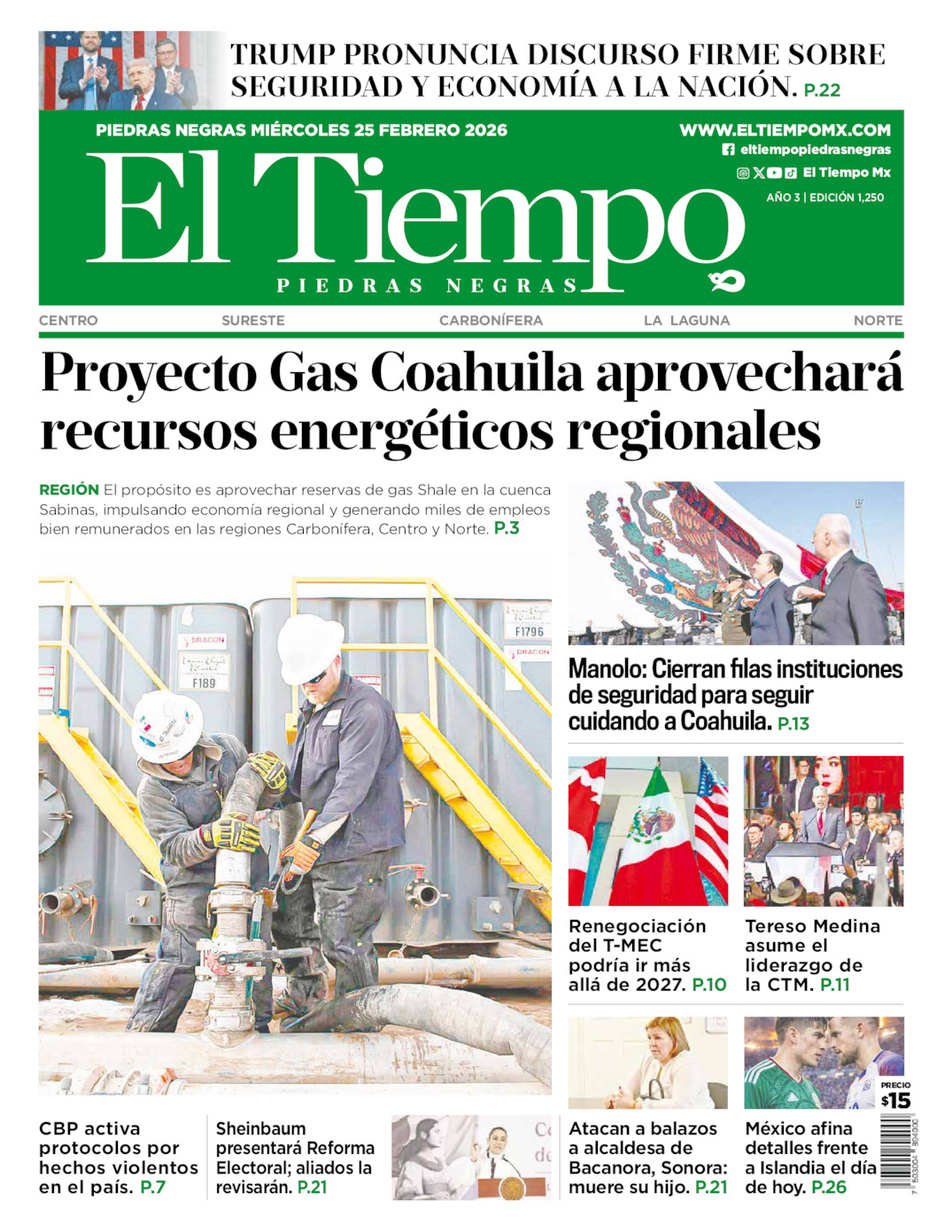 Edición impresa: Portada del miércoles 25 de febrero de 2026, El Tiempo de <strong>Piedras Negras</strong>