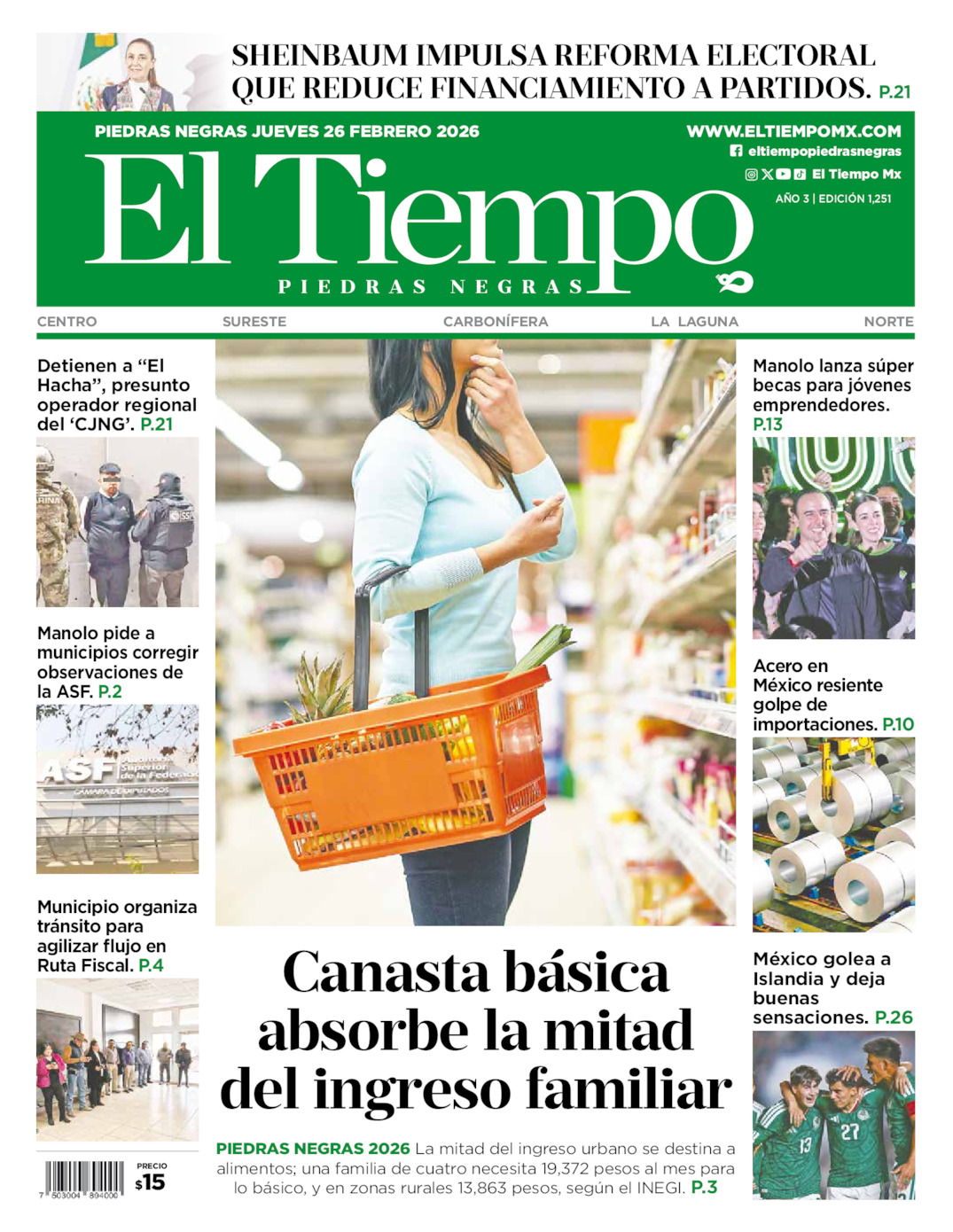 Edición impresa: Portada del jueves 26 de febrero de 2026, El Tiempo de <strong>Piedras Negras</strong>