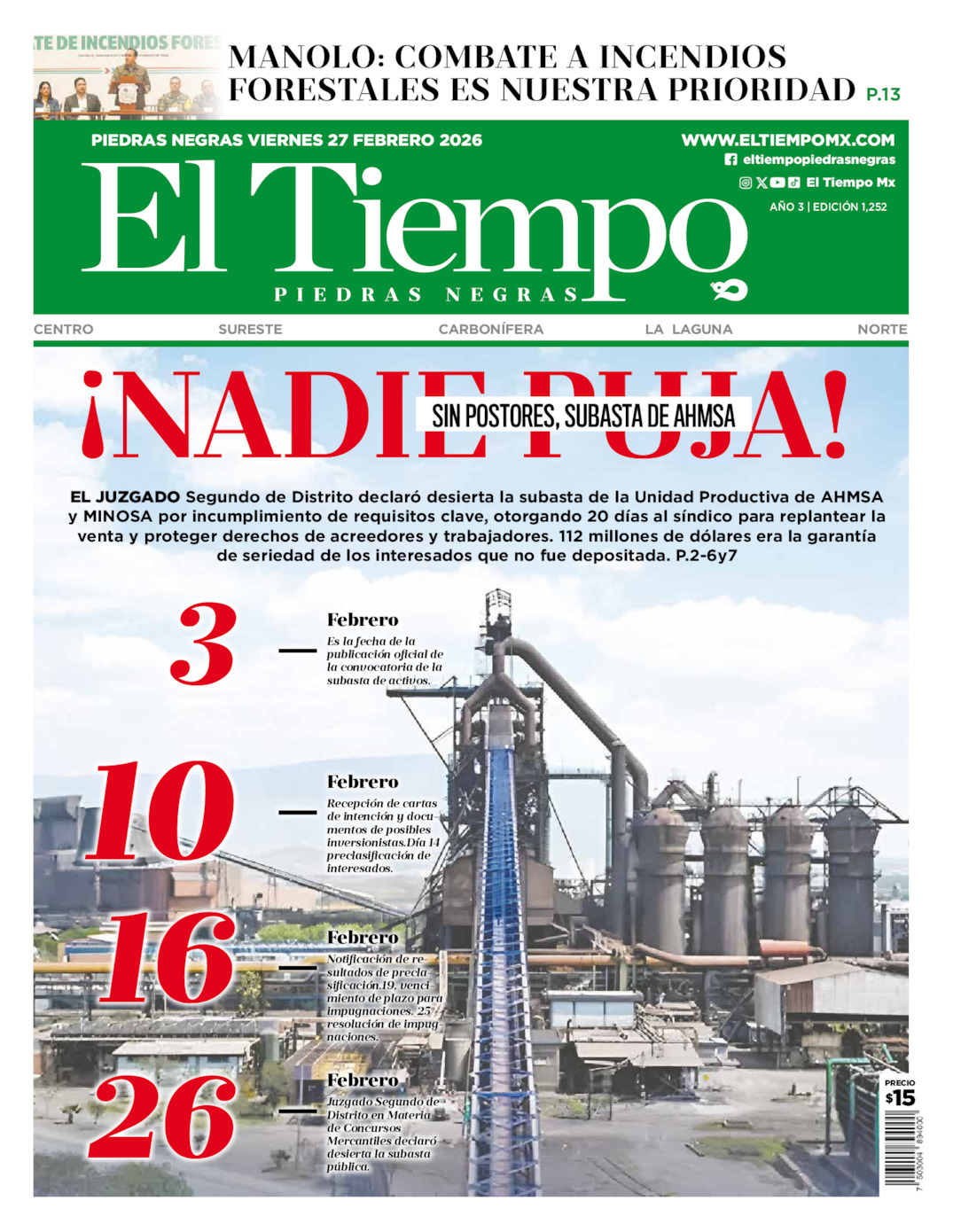 Edición impresa: Portada del viernes 27 de febrero de 2026, El Tiempo de <strong>Piedras Negras</strong>
