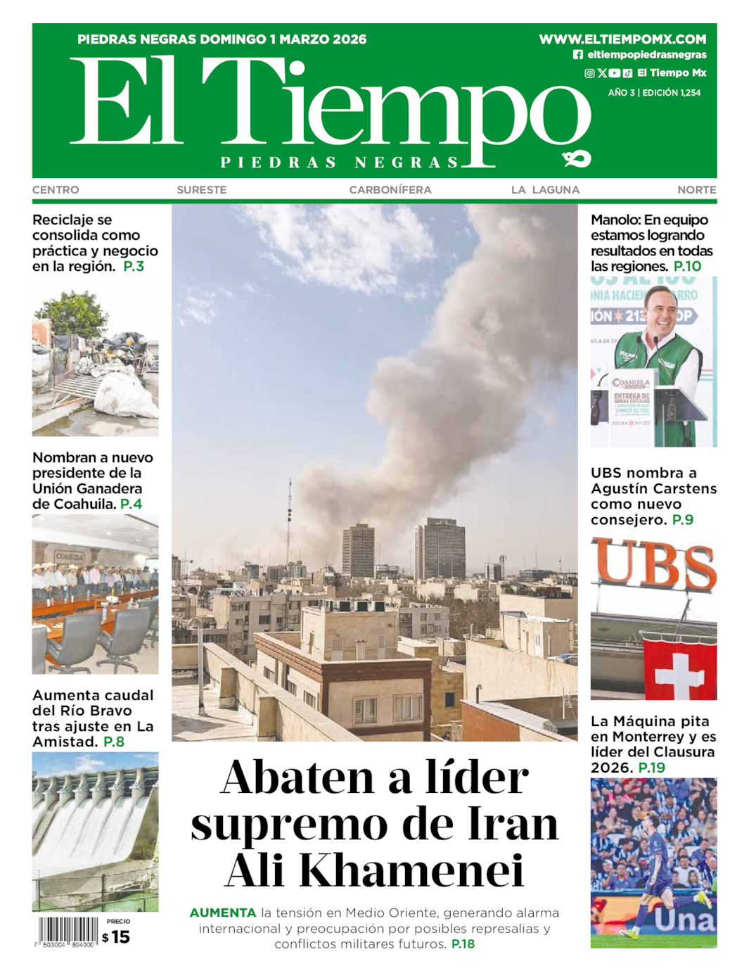 Edición impresa: Portada del domingo 01 de marzo de 2026, El Tiempo de <strong>Piedras Negras</strong>