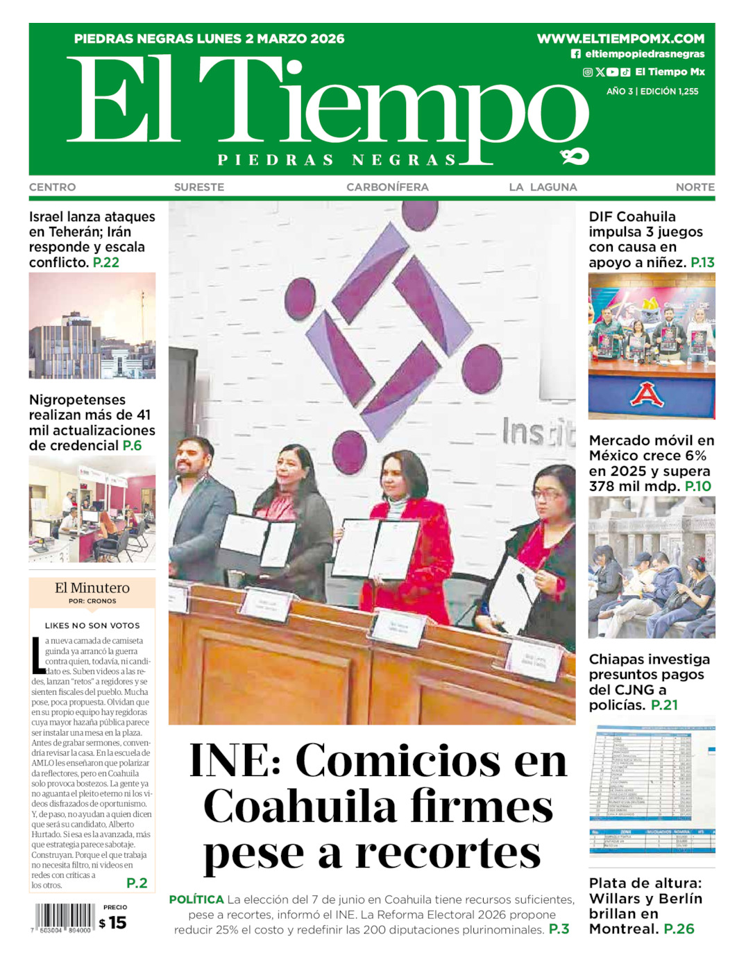 Edición impresa: Portada del lunes 02 de marzo de 2026, El Tiempo de <strong>Piedras Negras</strong>