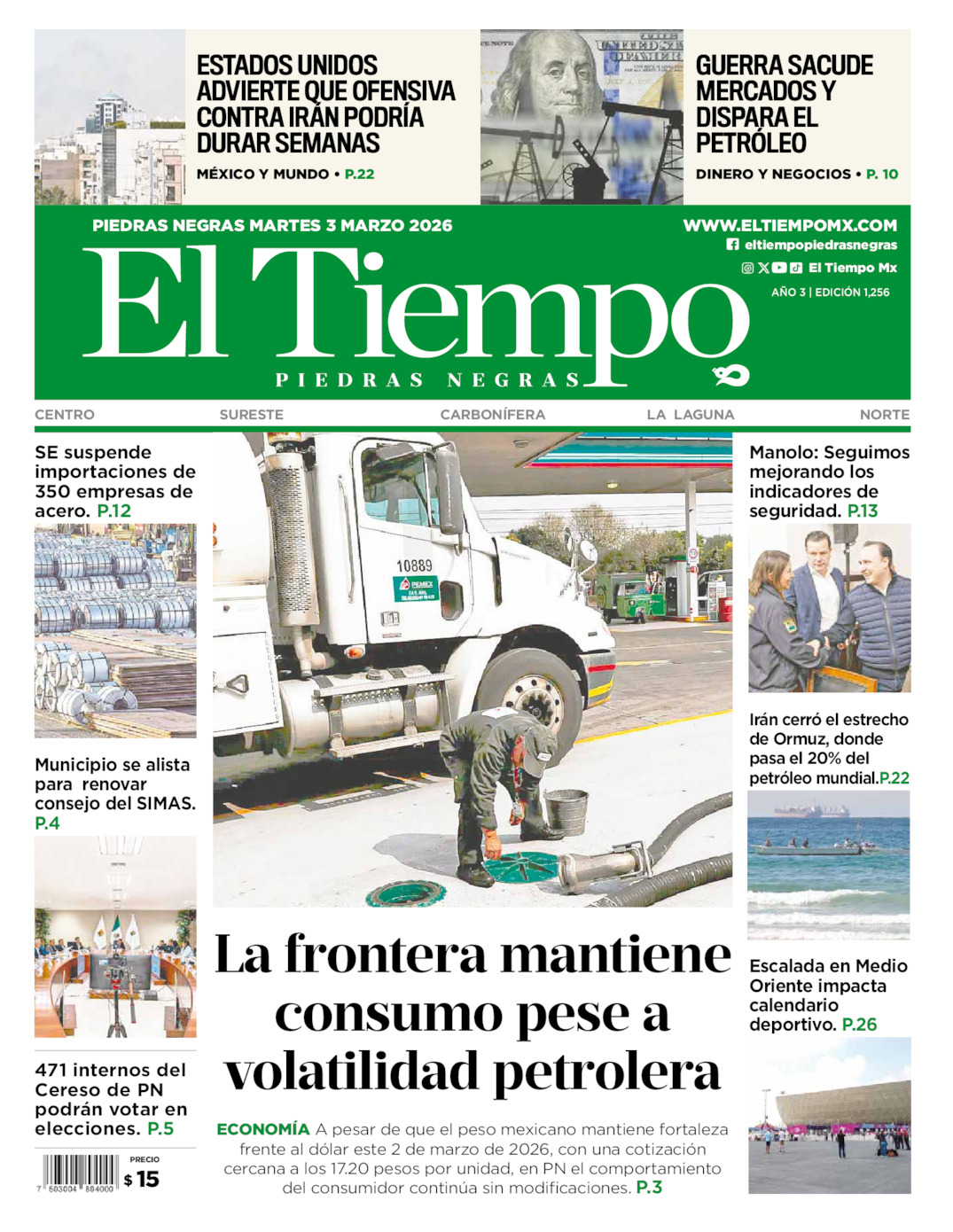 Edición impresa: Portada del martes 03 de marzo de 2026, El Tiempo de <strong>Piedras Negras</strong>