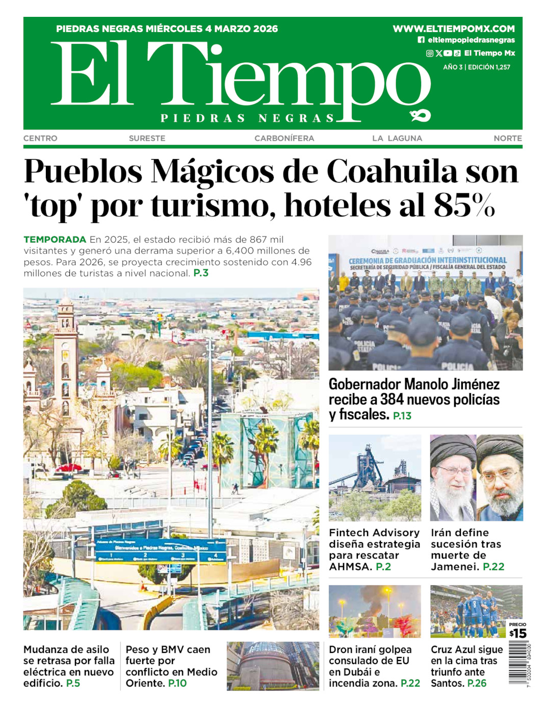 Edición impresa: Portada del miércoles 04 de marzo de 2026, El Tiempo de <strong>Piedras Negras</strong>