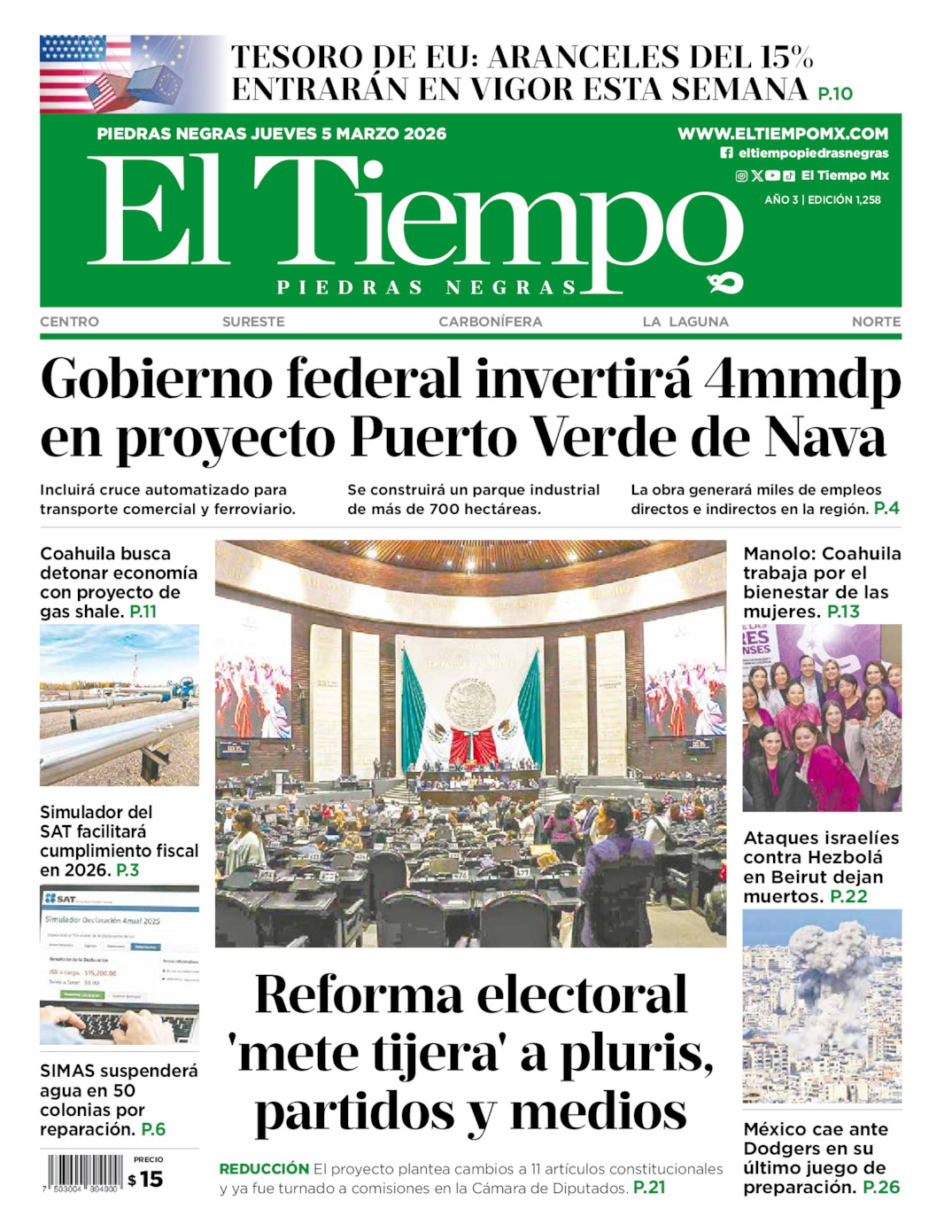 Edición impresa: Portada del jueves 05 de marzo de 2026, El Tiempo de <strong>Piedras Negras</strong>