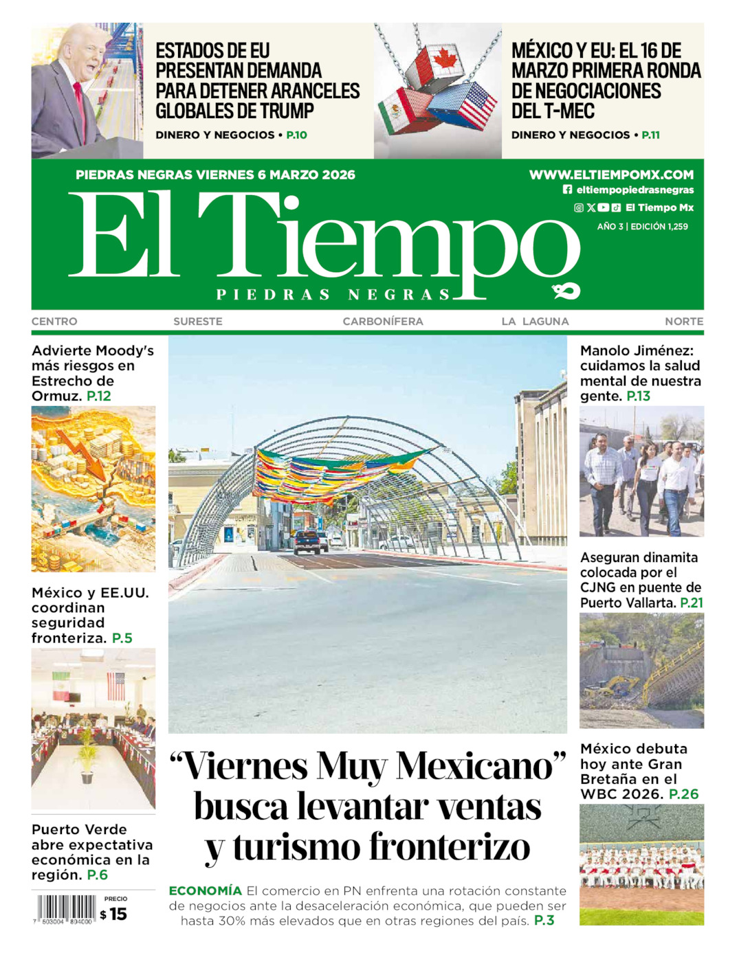 Edición impresa: Portada del viernes 06 de marzo de 2026, El Tiempo de <strong>Piedras Negras</strong>