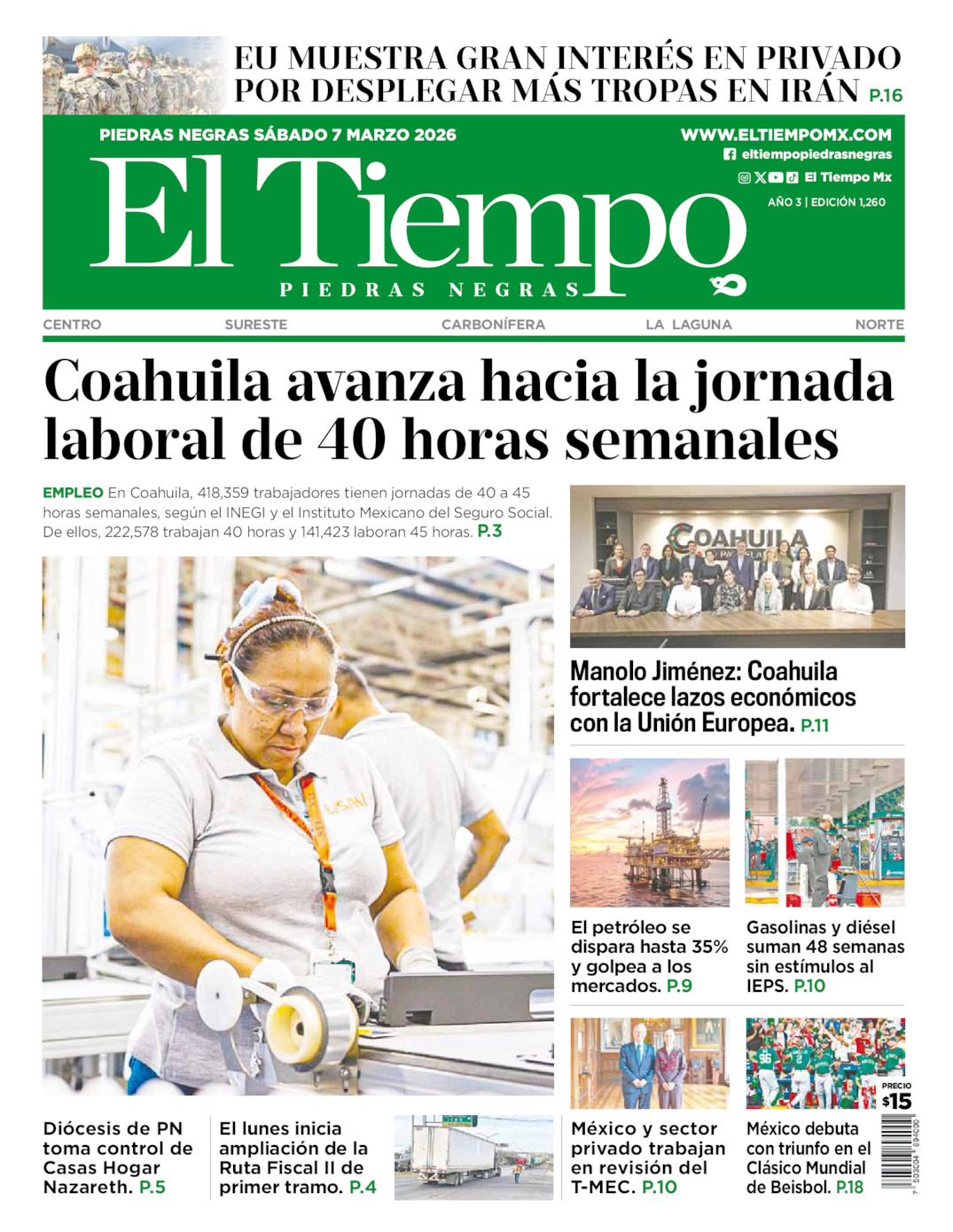 Edición impresa: Portada del sábado 07 de marzo de 2026, El Tiempo de <strong>Piedras Negras</strong>