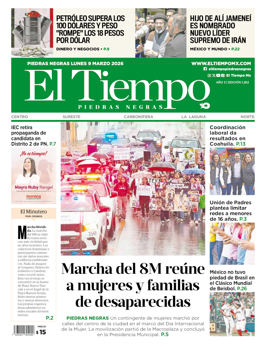 Edición impresa: Portada del lunes 09 de marzo de 2026, El Tiempo de <strong>Piedras Negras</strong>