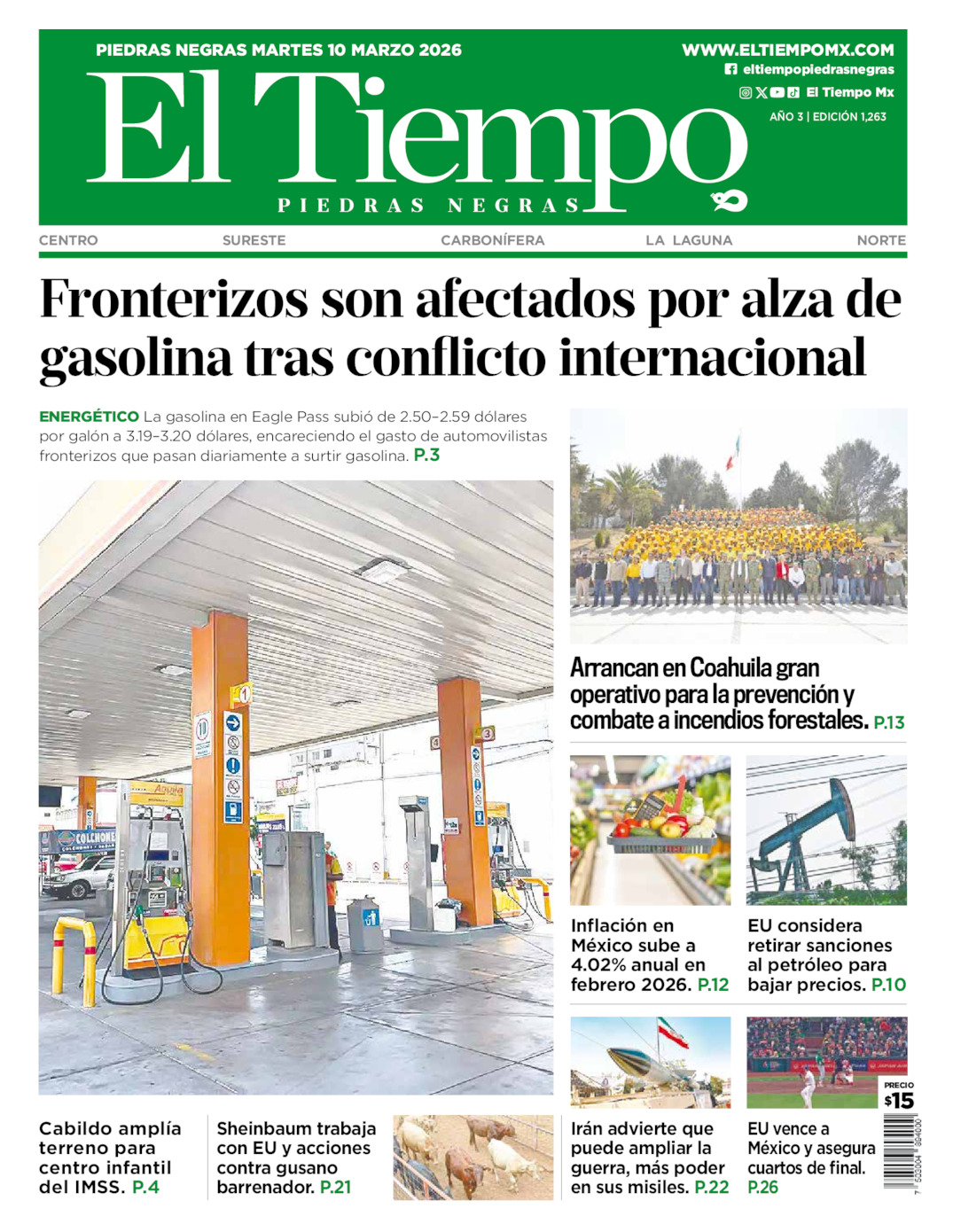 Edición impresa: Portada del martes 10 de marzo de 2026, El Tiempo de <strong>Piedras Negras</strong>