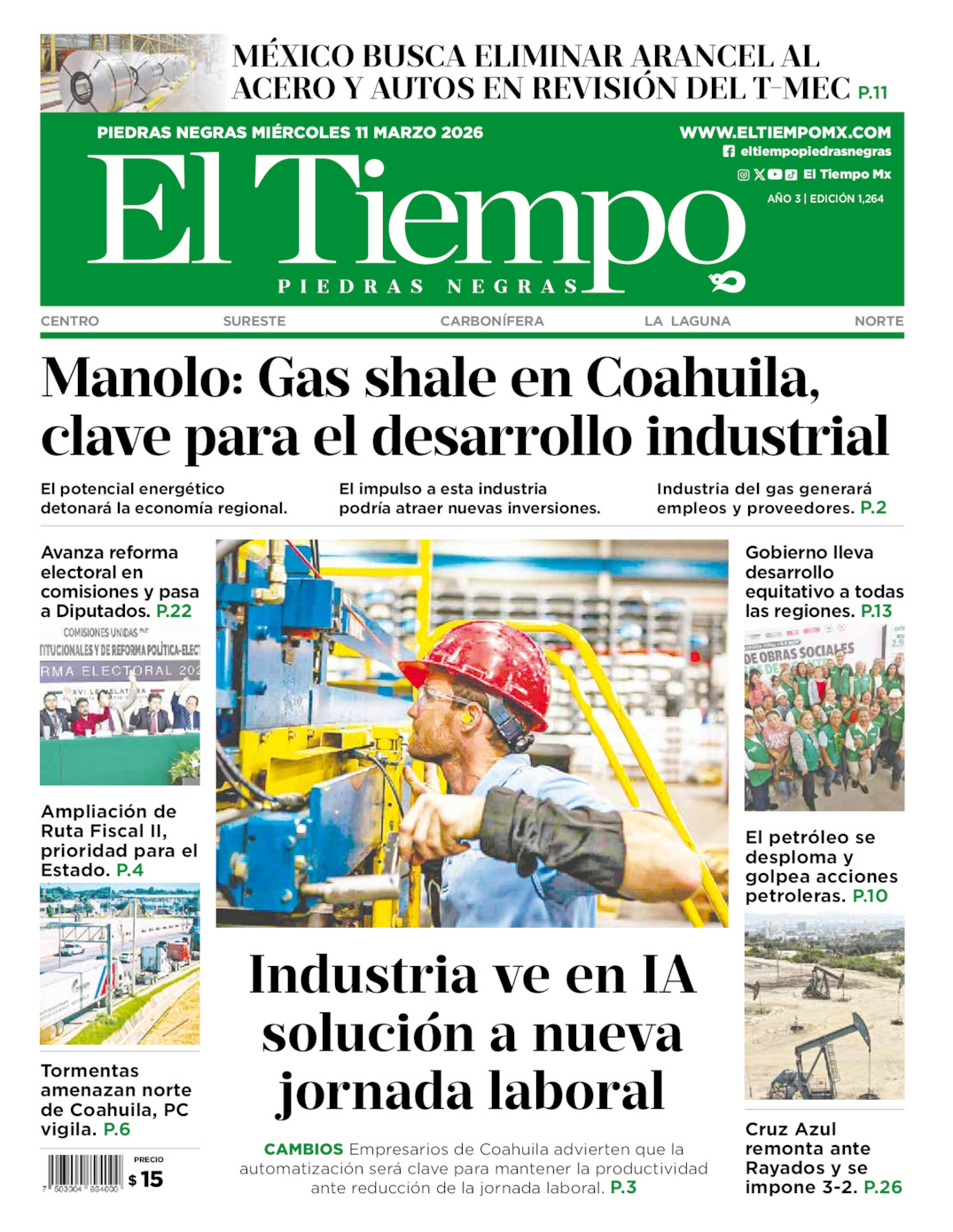 Edición impresa: Portada del miércoles 11 de marzo de 2026, El Tiempo de <strong>Piedras Negras</strong>