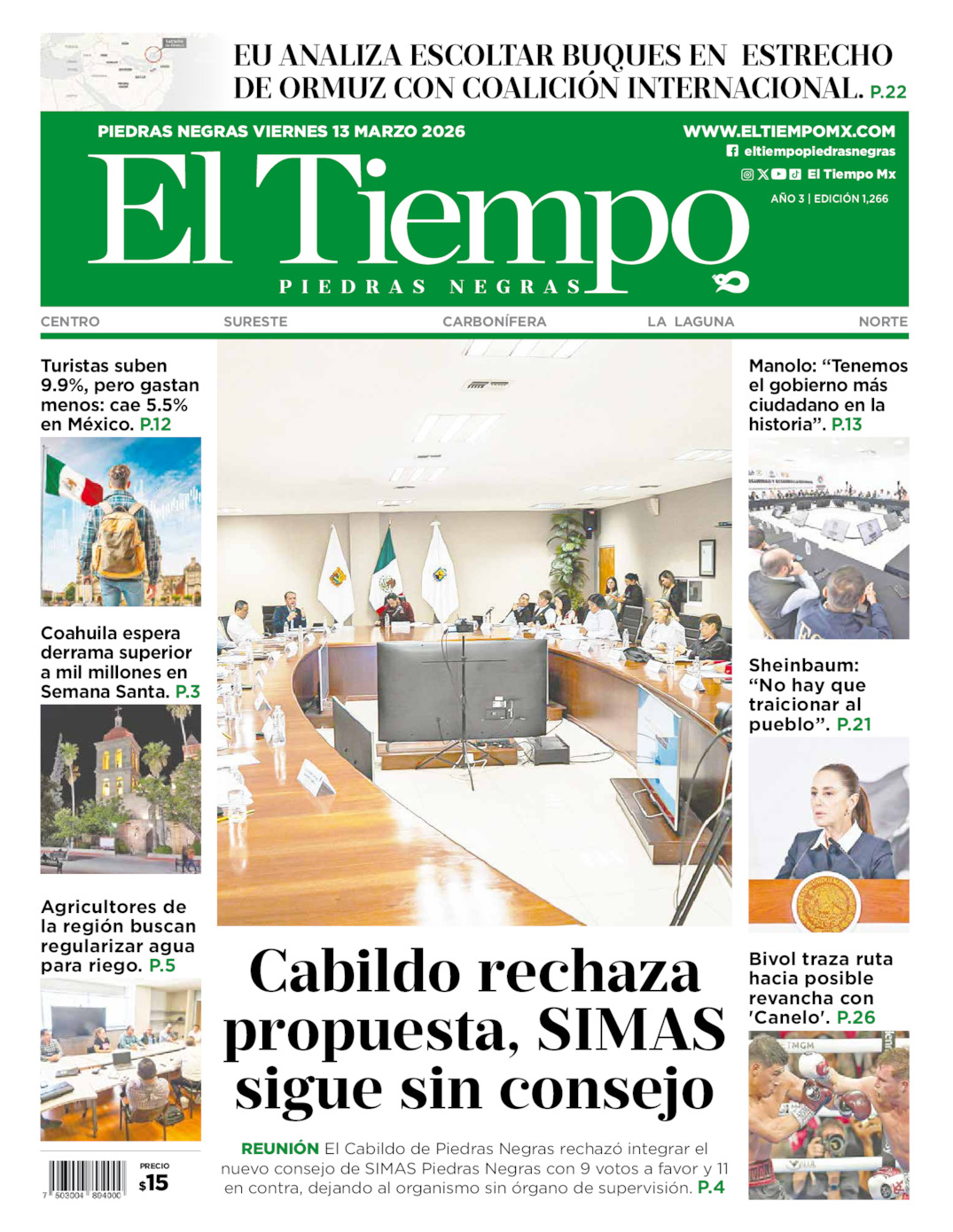 Edición impresa: Portada del viernes 13 de marzo de 2026, El Tiempo de <strong>Piedras Negras</strong>