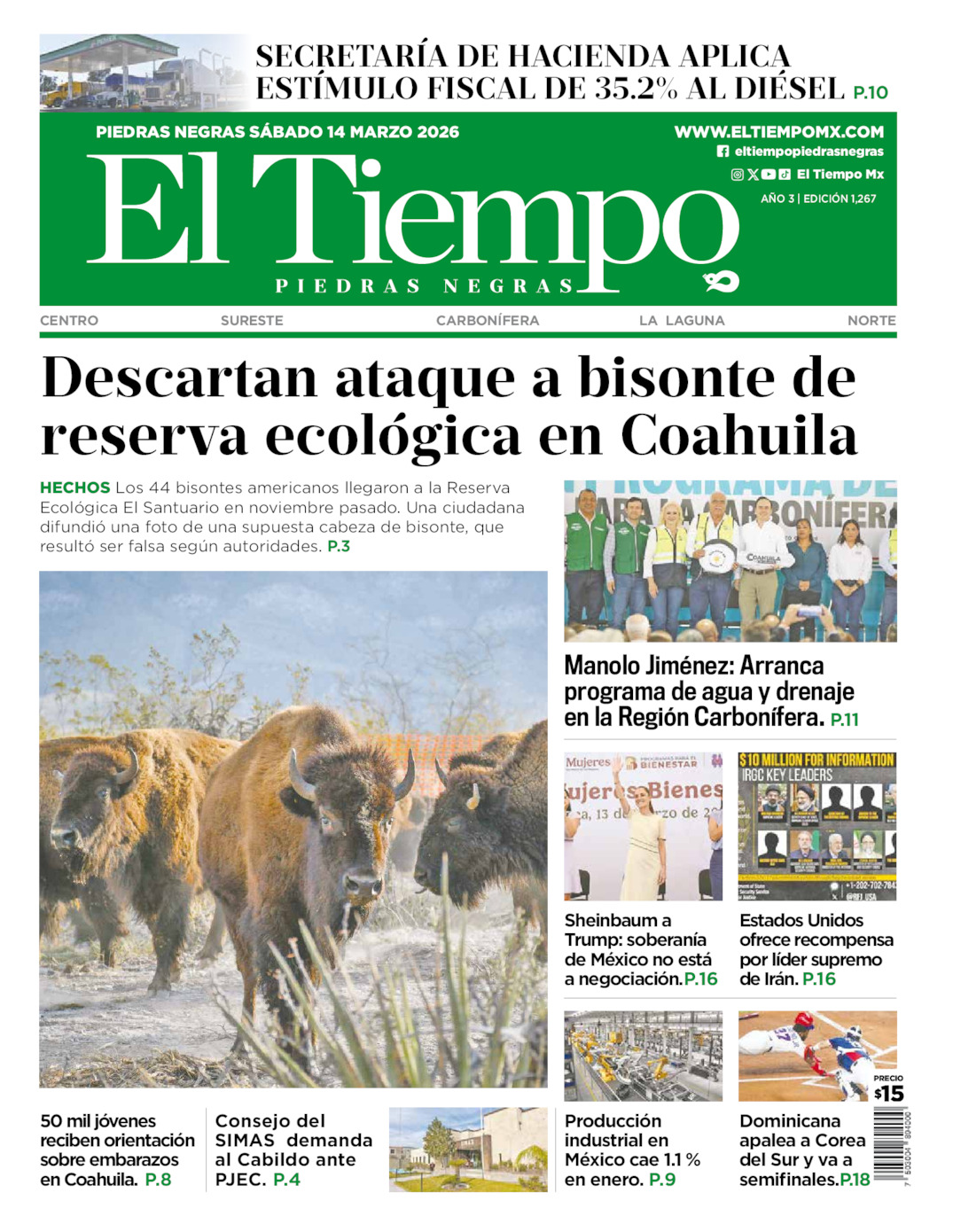 Edición impresa: Portada del sábado 14 de marzo de 2026, El Tiempo de <strong>Piedras Negras</strong>